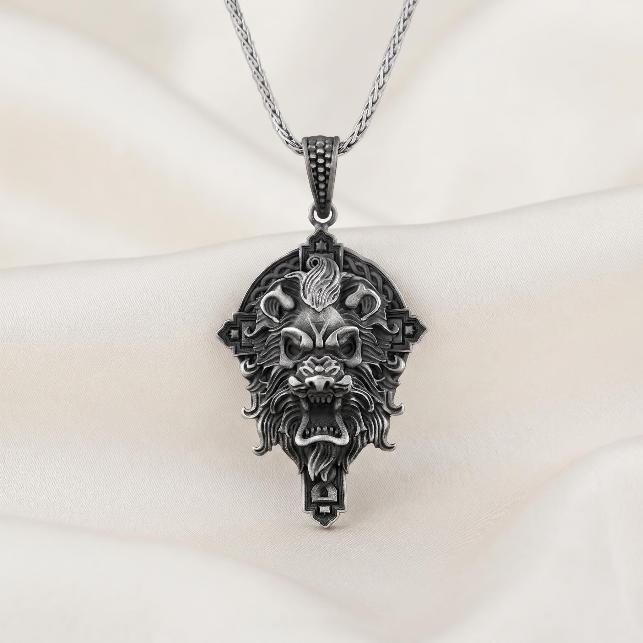 Oxidized Sterling Silver Lion Pendant, Gothic Viking Necklace, Bold Men's Jewelry
