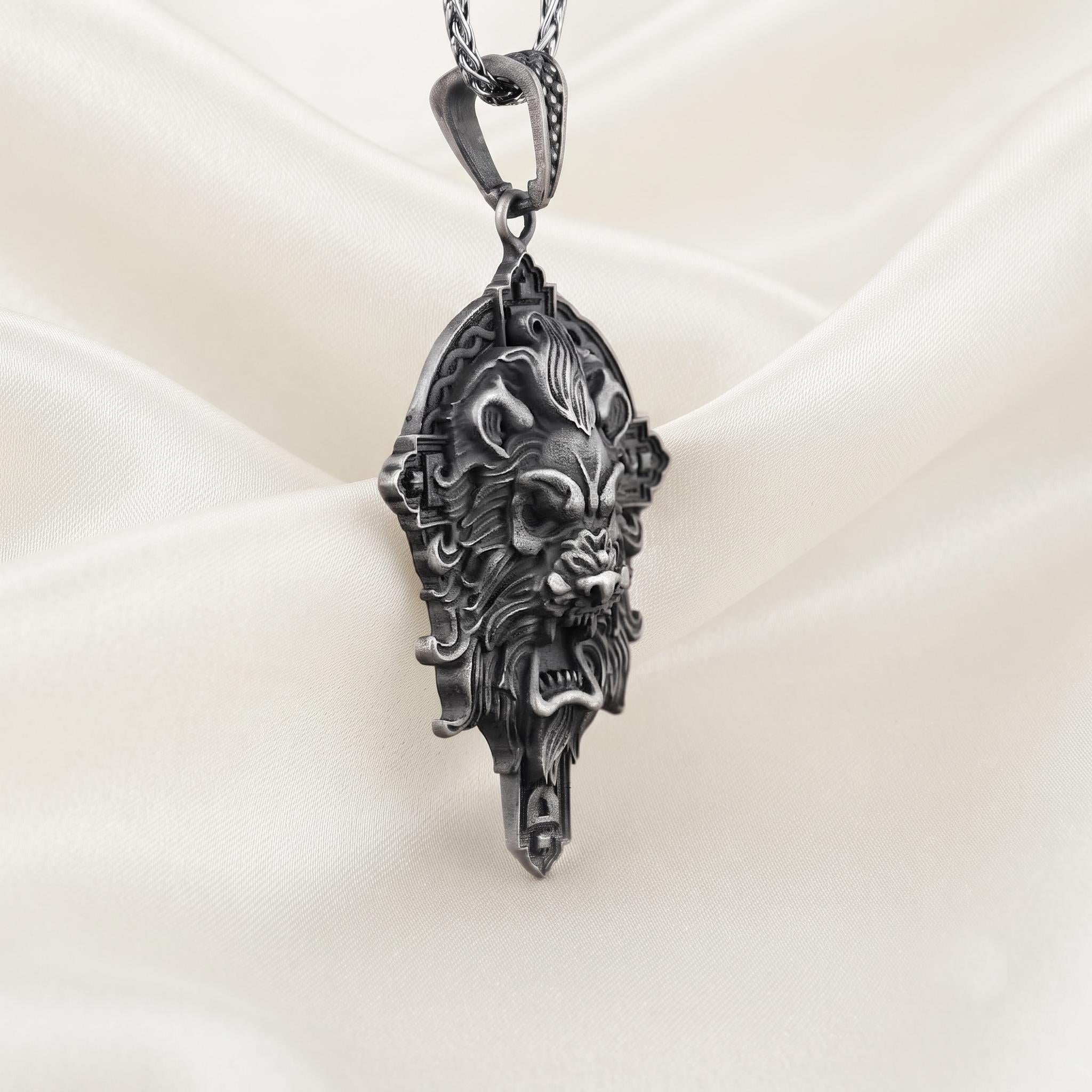 Oxidized Sterling Silver Lion Pendant, Gothic Viking Necklace, Bold Men's Jewelry