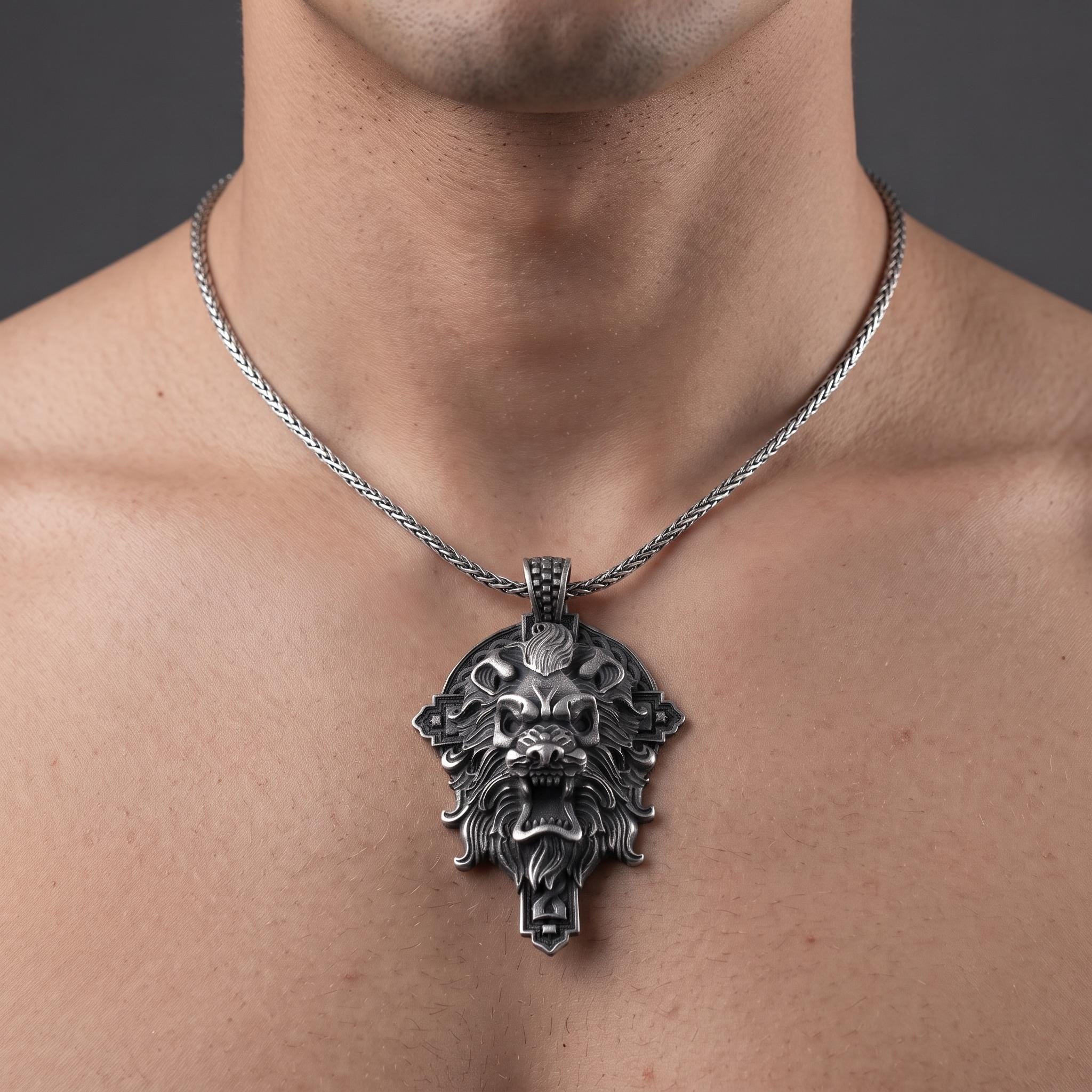Oxidized Sterling Silver Lion Pendant, Gothic Viking Necklace, Bold Men's Jewelry