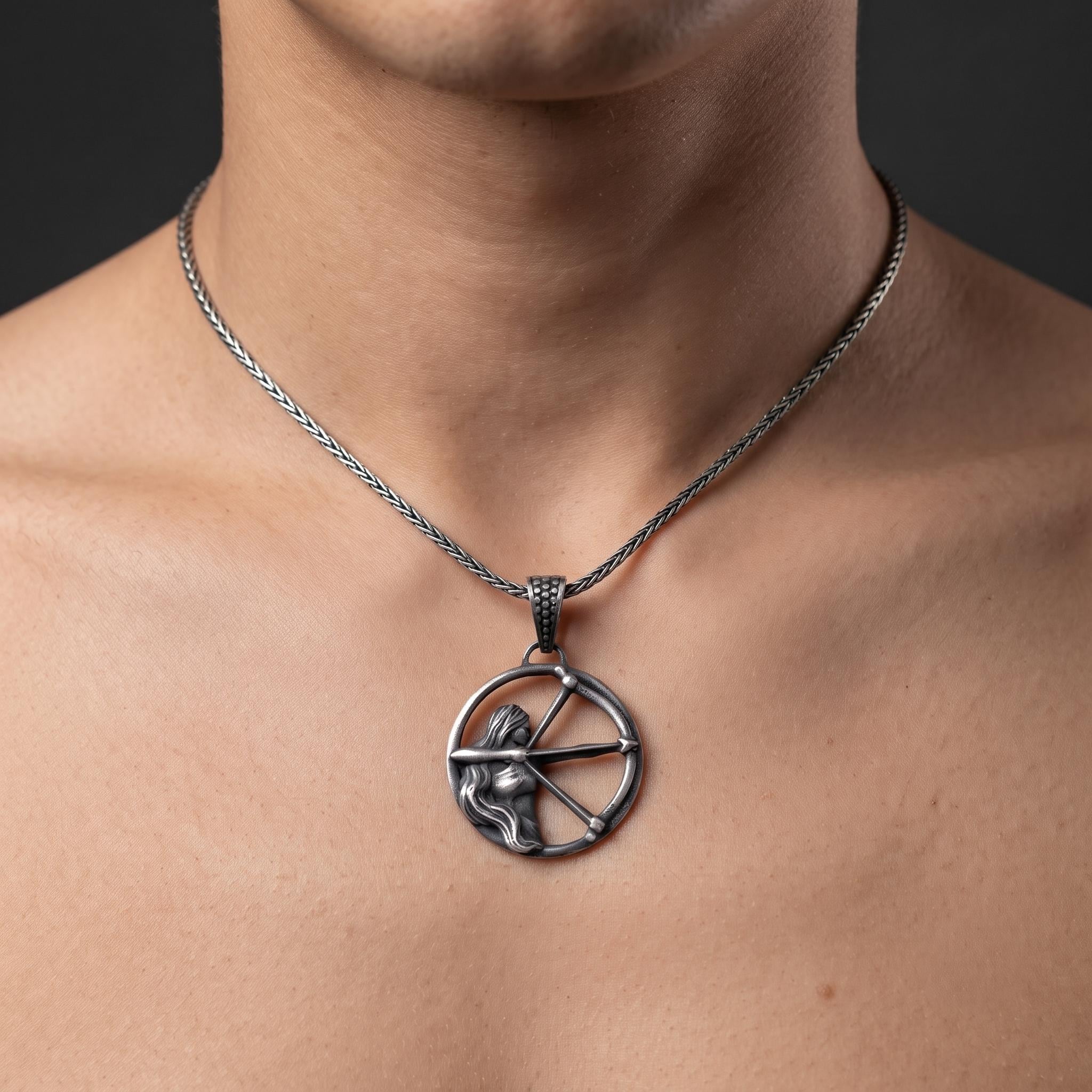 Handmade Sterling Silver Sagittarius Archer Pendant, Oxidized Zodiac Necklace