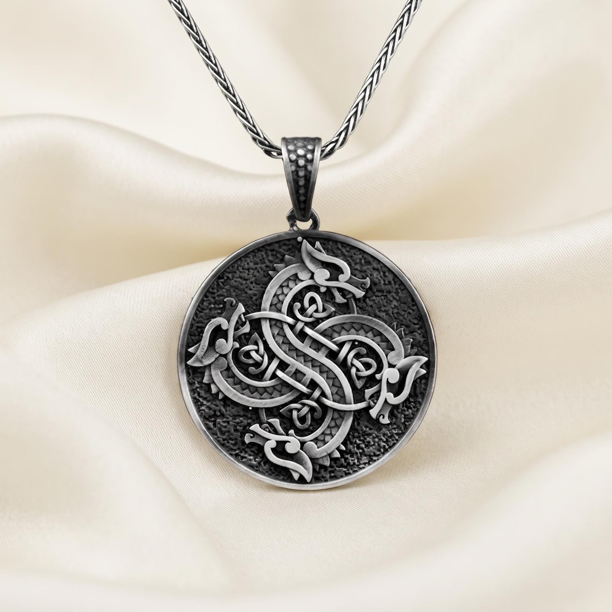 Oxidized Sterling Silver Viking Dragon Pendant, Celtic Knot Necklace, Norse Mythology Amulet