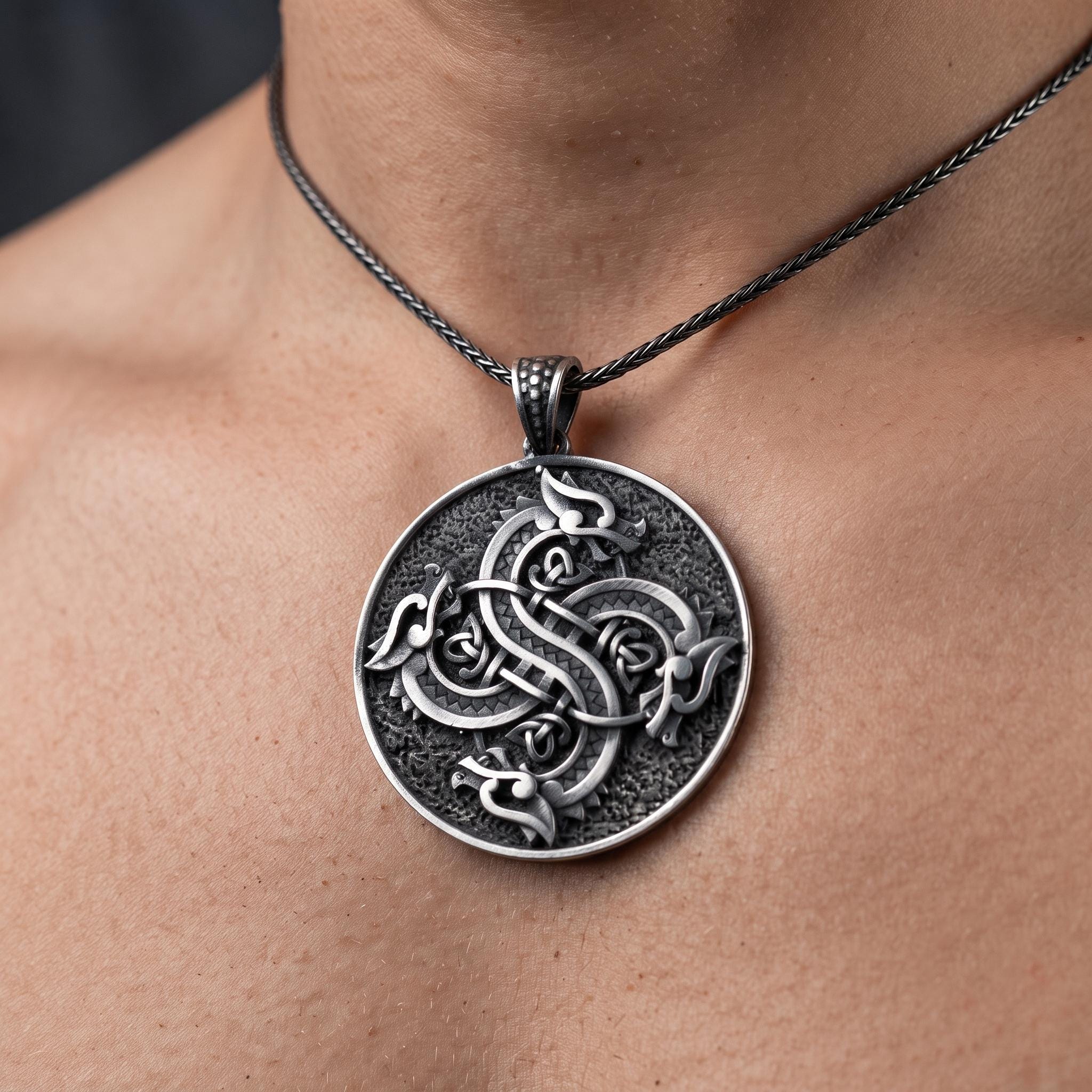 Oxidized Sterling Silver Viking Dragon Pendant, Celtic Knot Necklace, Norse Mythology Amulet