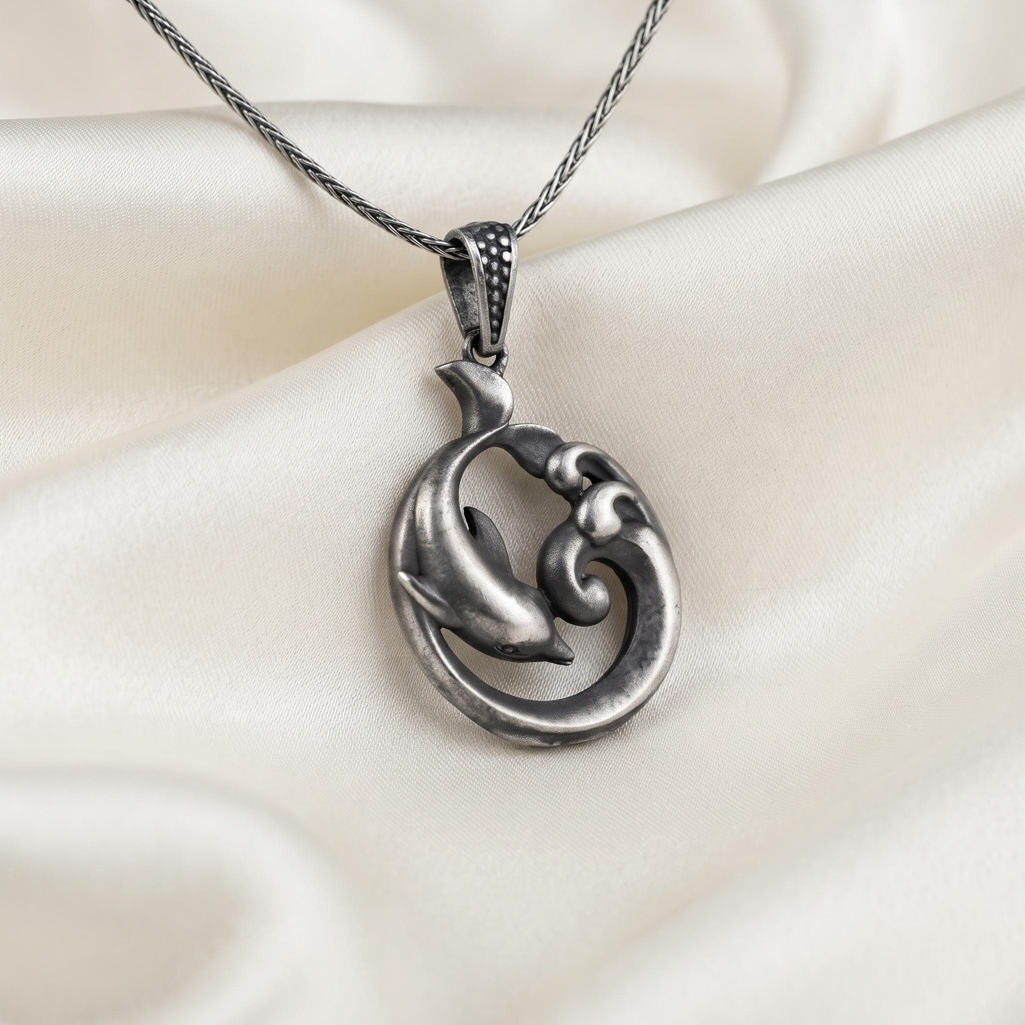Sterling Silver Dolphin Wave Pendant, Oxidized Nautical Jewelry, Sea Life Necklace