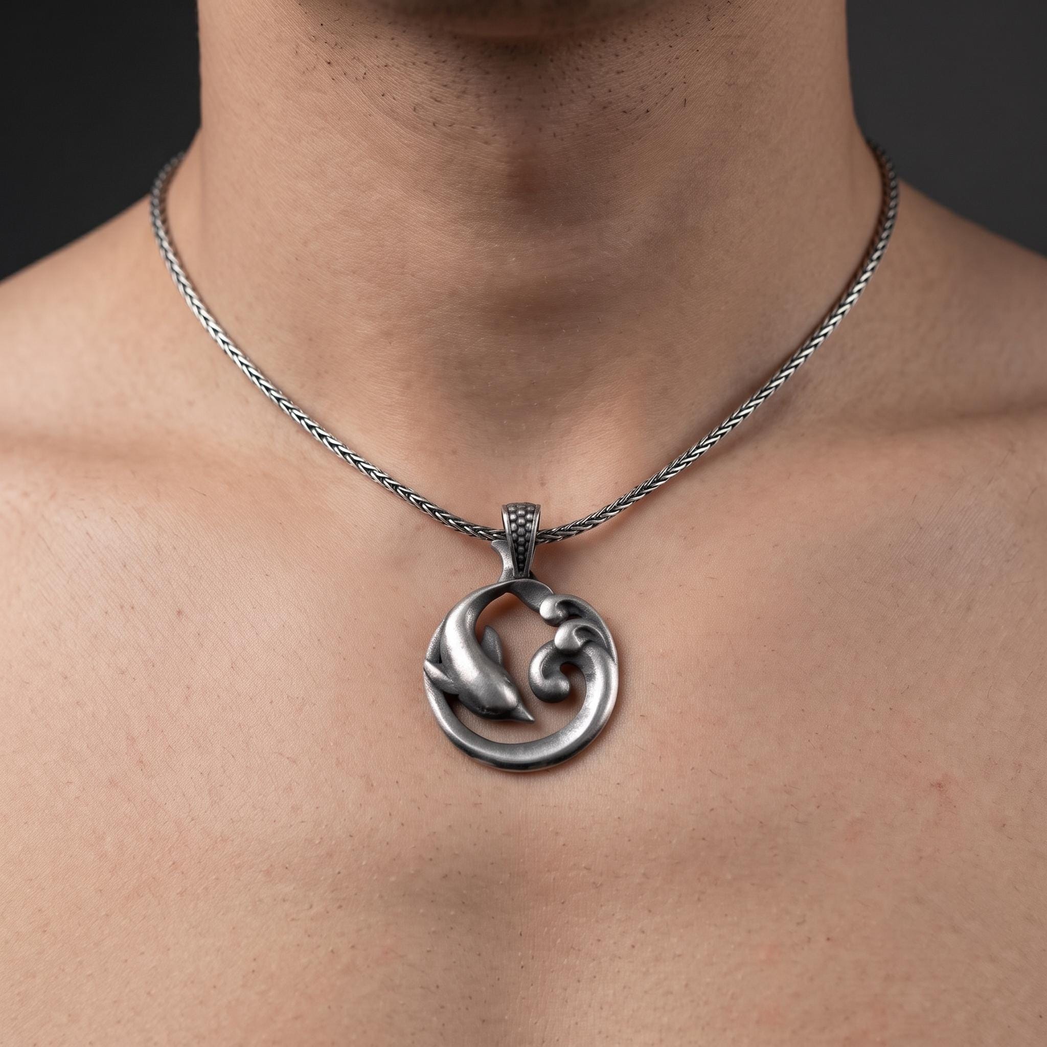 Sterling Silver Dolphin Wave Pendant, Oxidized Nautical Jewelry, Sea Life Necklace
