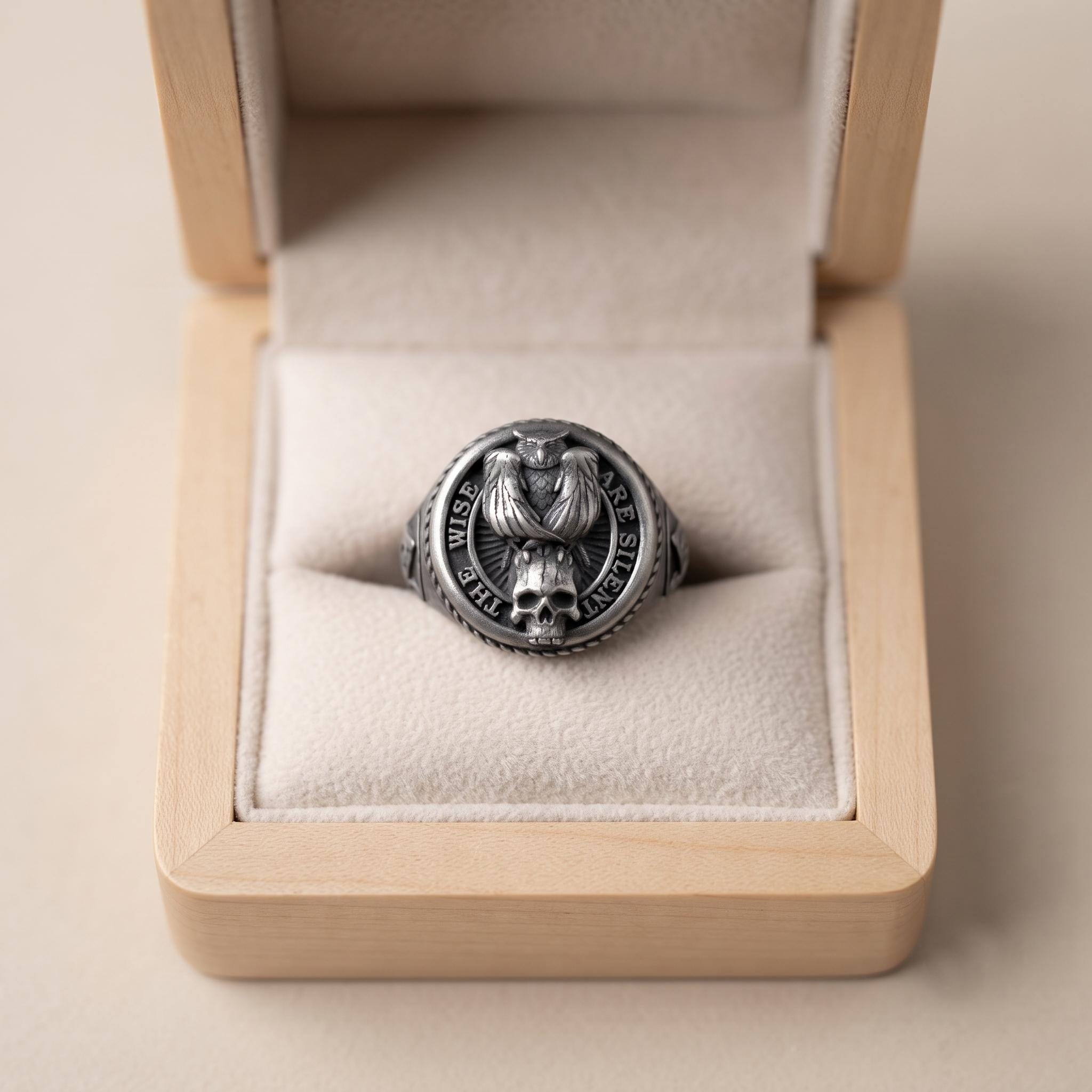 Sterling Silver Owl Skull Signet Ring, 