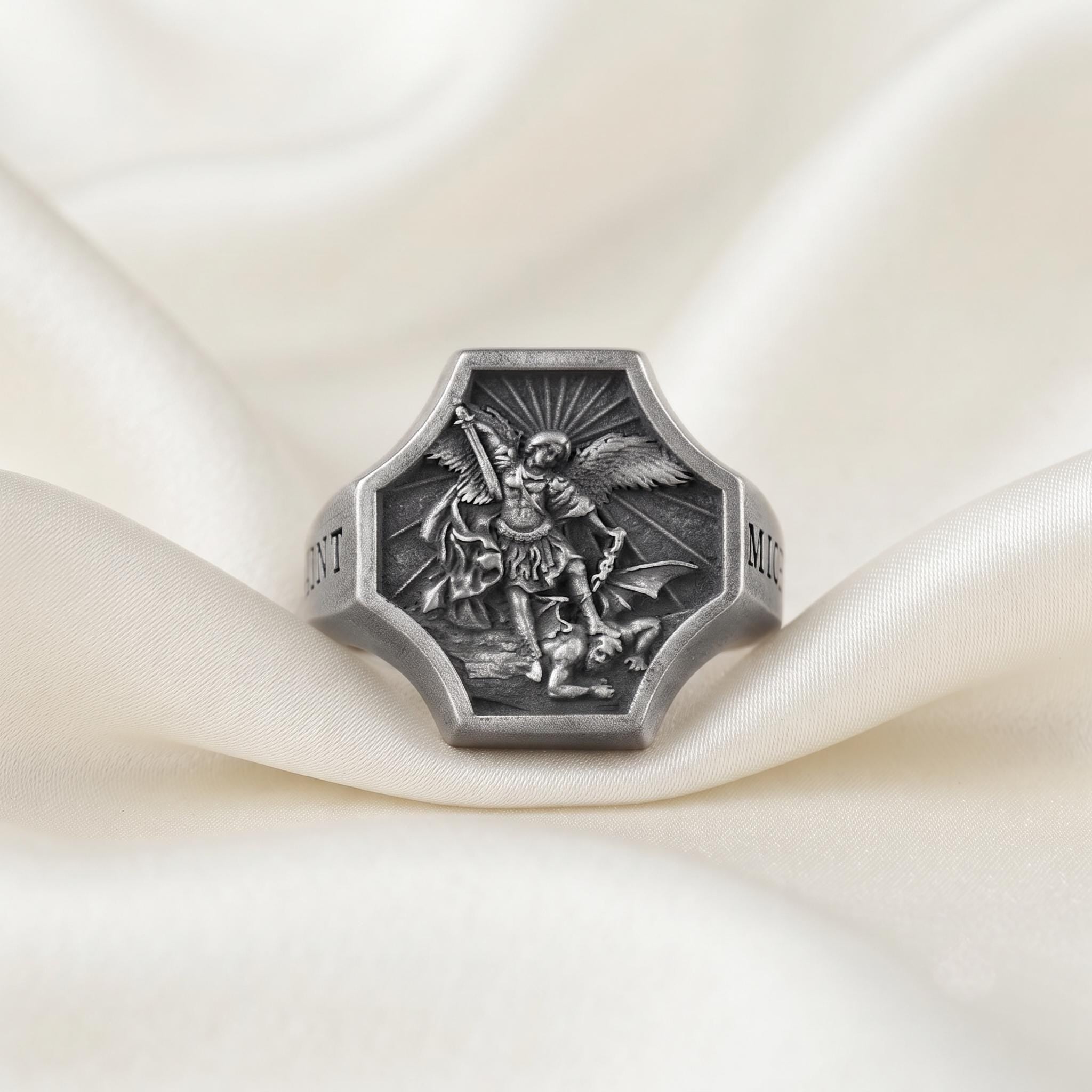 Handcrafted Sterling Silver St. Michael Signet Ring, Antique Oxidized Finish, Catholic Protection Jewelry