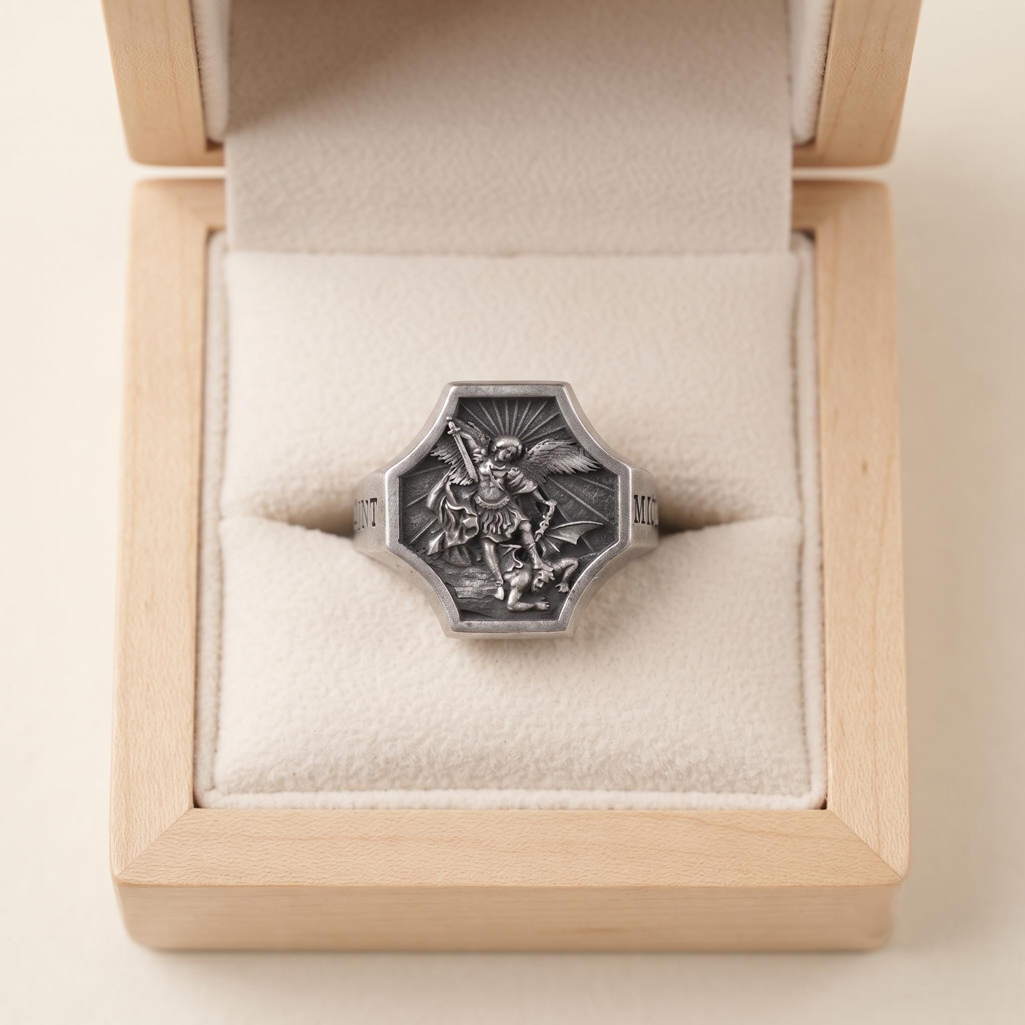Handcrafted Sterling Silver St. Michael Signet Ring, Antique Oxidized Finish, Catholic Protection Jewelry