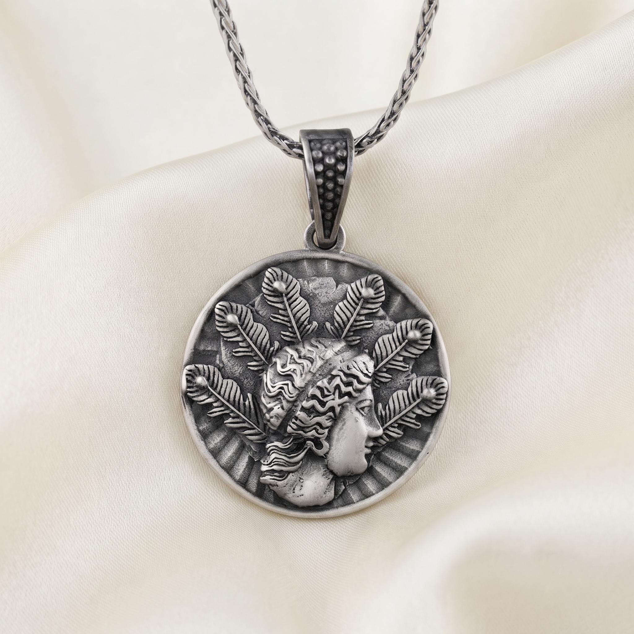 Oxidized Sterling Silver Greek Goddess Coin Pendant, Ancient Roman Mythology Necklace