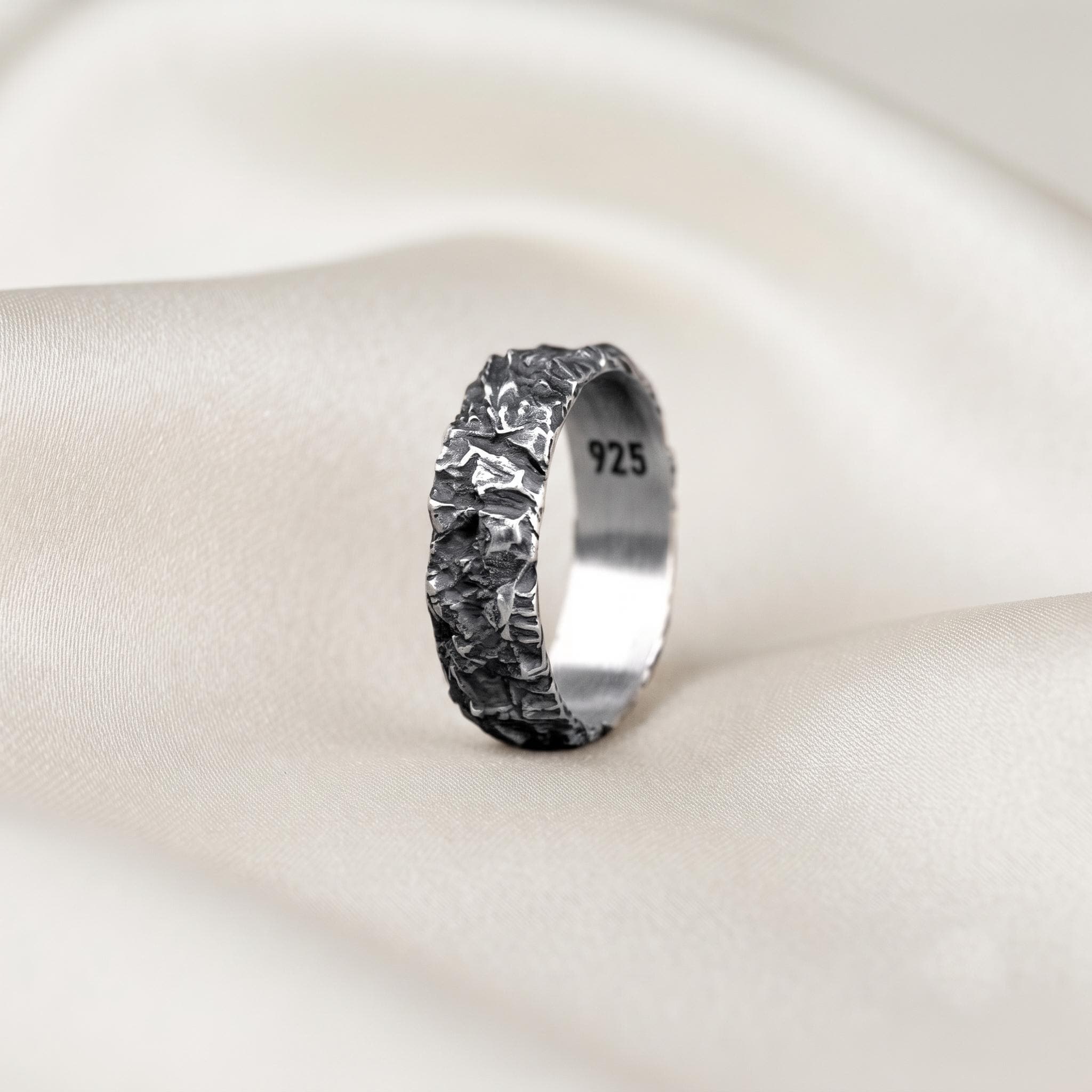 Handcrafted Rustic Rock Texture Sterling Silver Band, Gothic Statement Ring