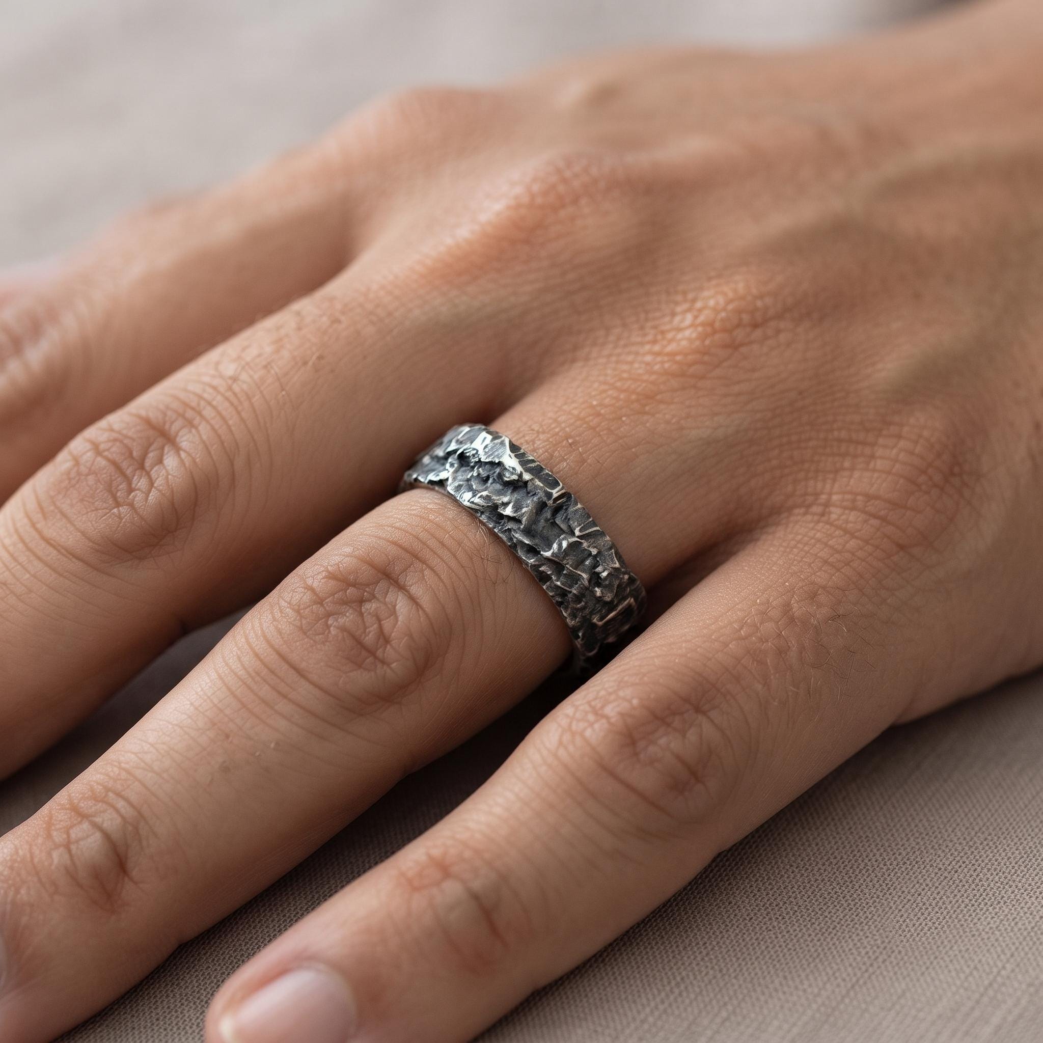 Handcrafted Rustic Rock Texture Sterling Silver Band, Gothic Statement Ring