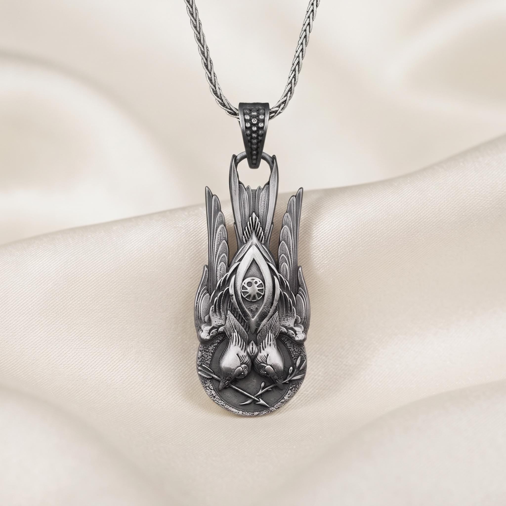 Sterling Silver Double Eagle Pendant, Gothic Mythological Talisman Necklace, Oxidized Finish