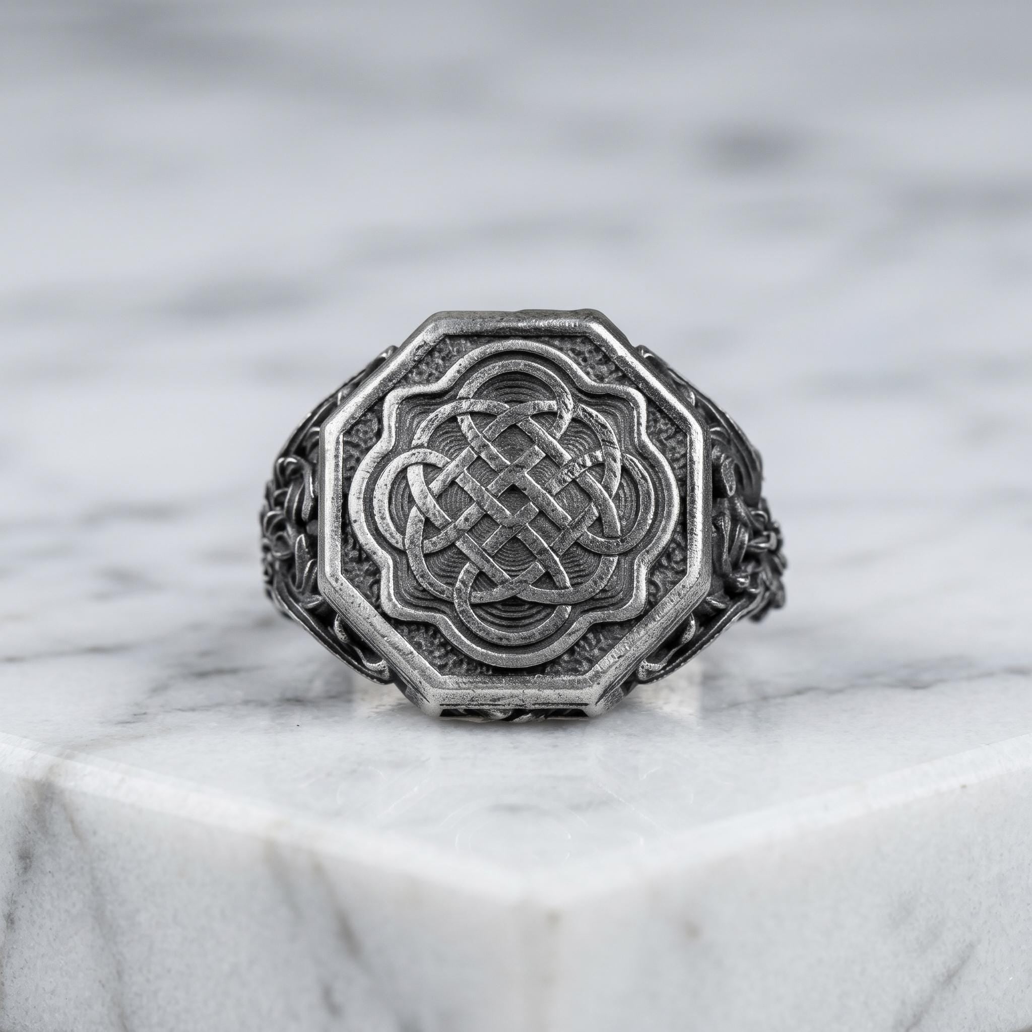 Sterling Silver Celtic Knot Octagon Signet Ring, Gothic Viking Jewelry