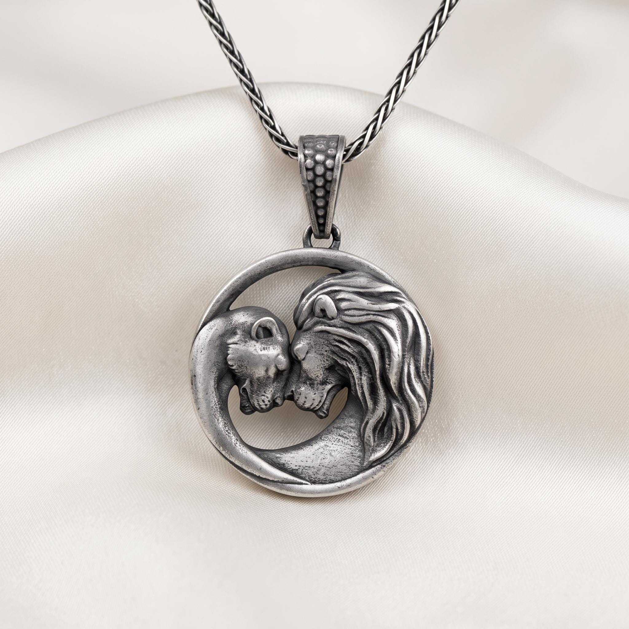 Sterling Silver Lion Lioness Pendant Necklace, Oxidized Couple Jewelry, Animal Charm Gift