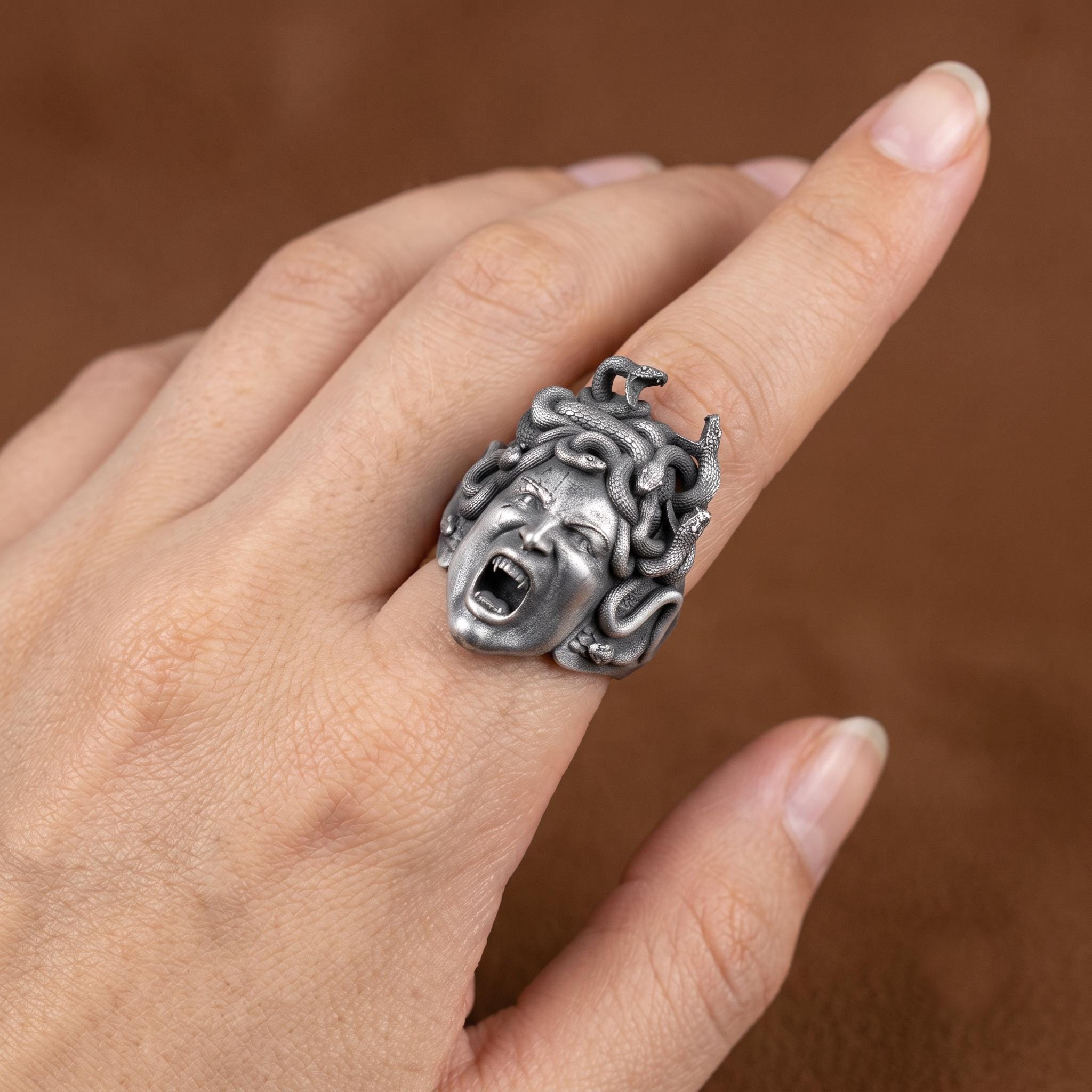 Sterling Silver Medusa Ring, Greek Mythology Gorgon Snake Jewelry, Gothic Statement Piece