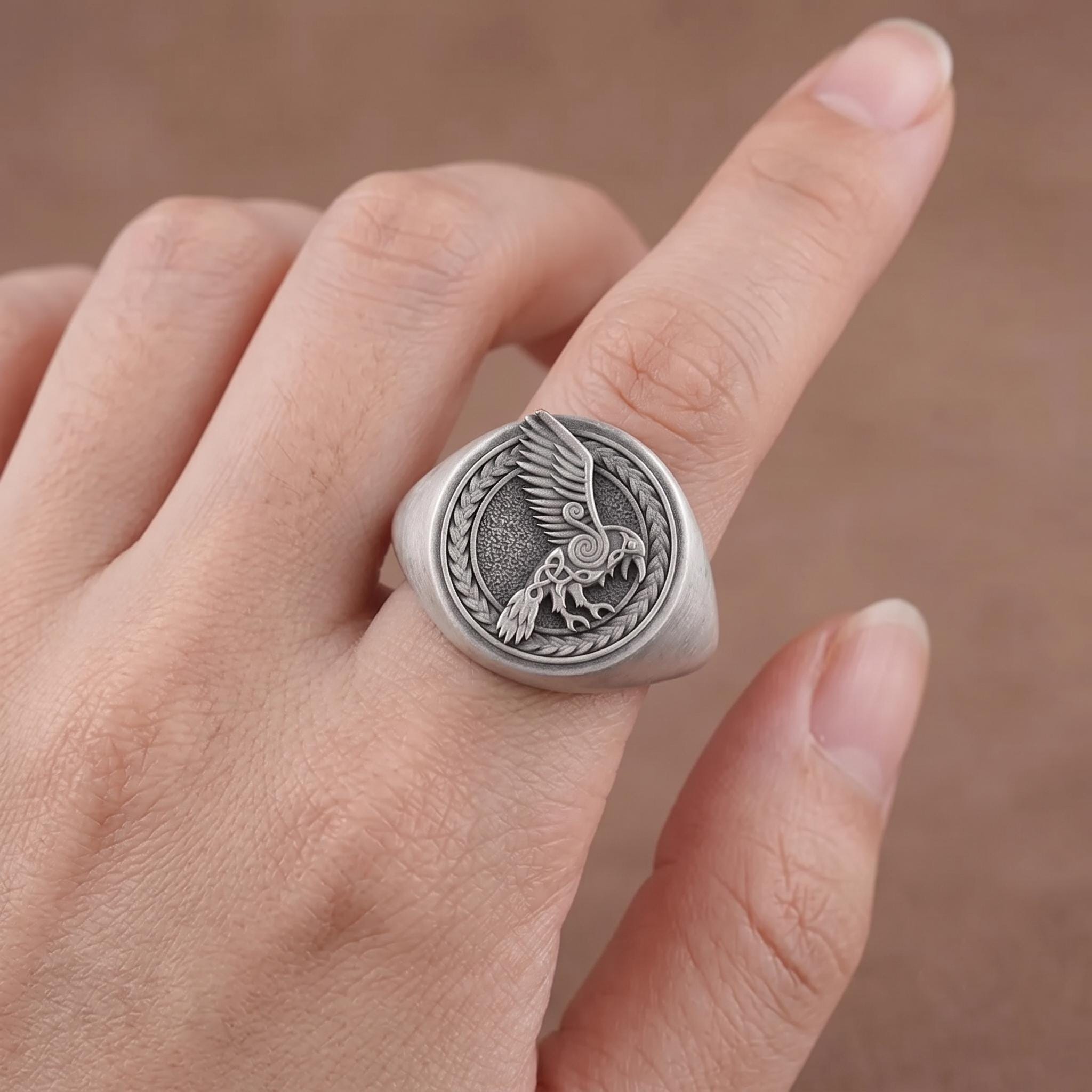 Sterling Silver Viking Raven Signet Ring, Norse Mythology Jewelry, Men's Statement Piece