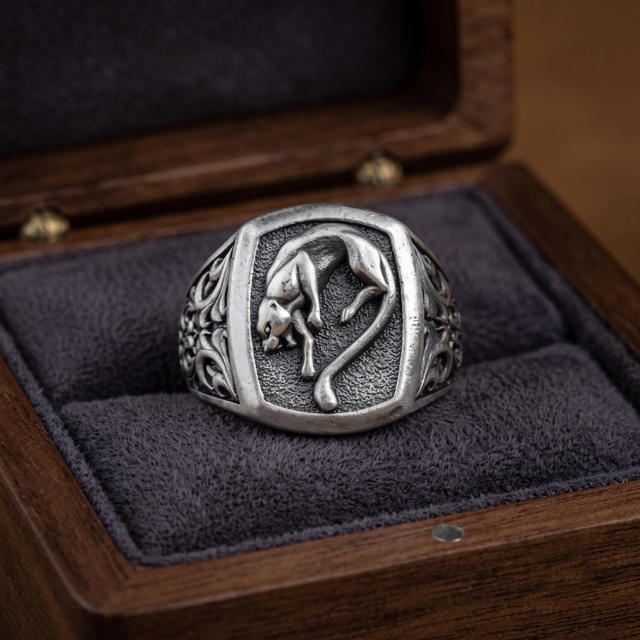 Sterling Silver Panther Signet Ring, Gothic Filigree, Bold Statement Jewelry