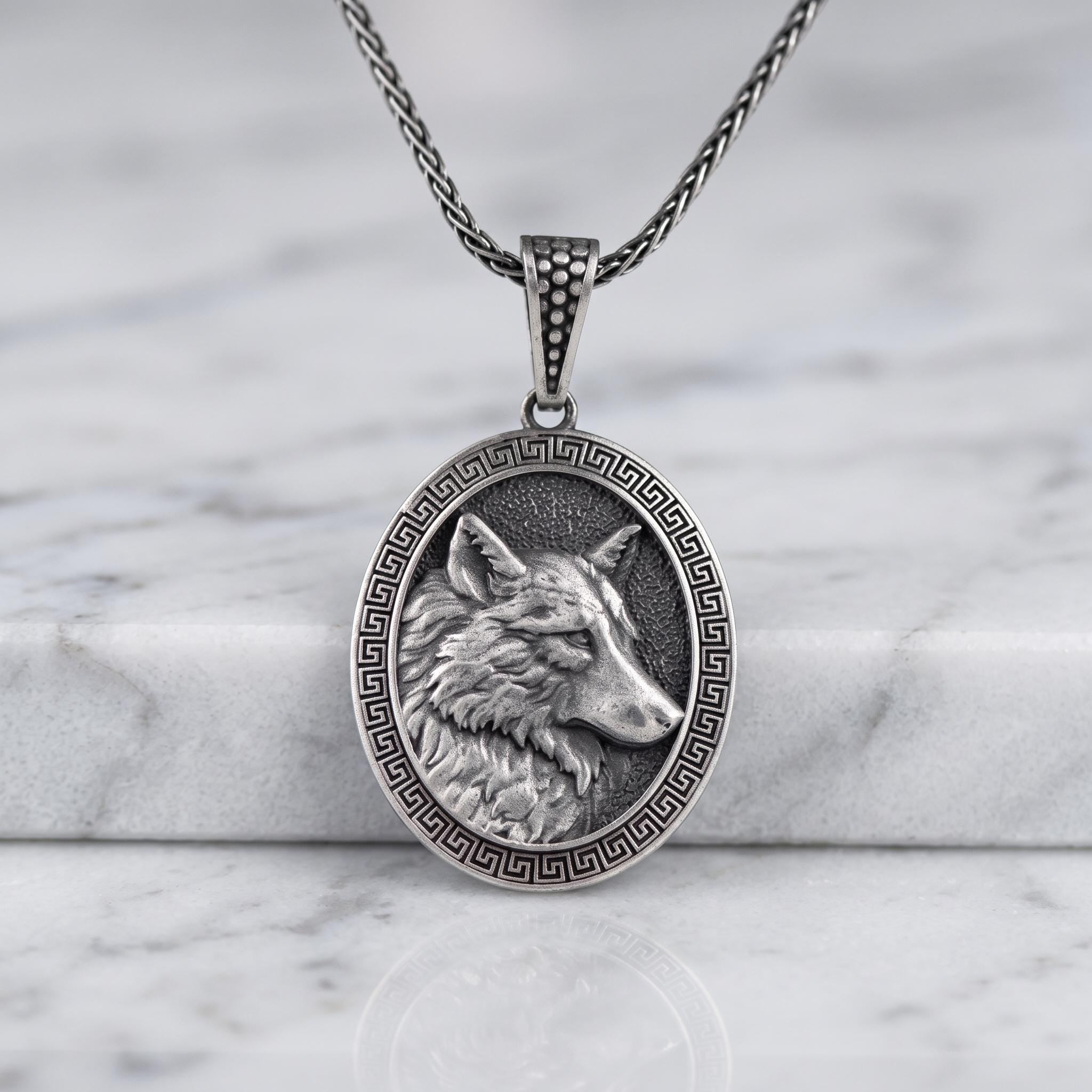 Handmade Sterling Silver Wolf Pendant Necklace, Oxidized Viking Talisman, Men's Animal Jewelry