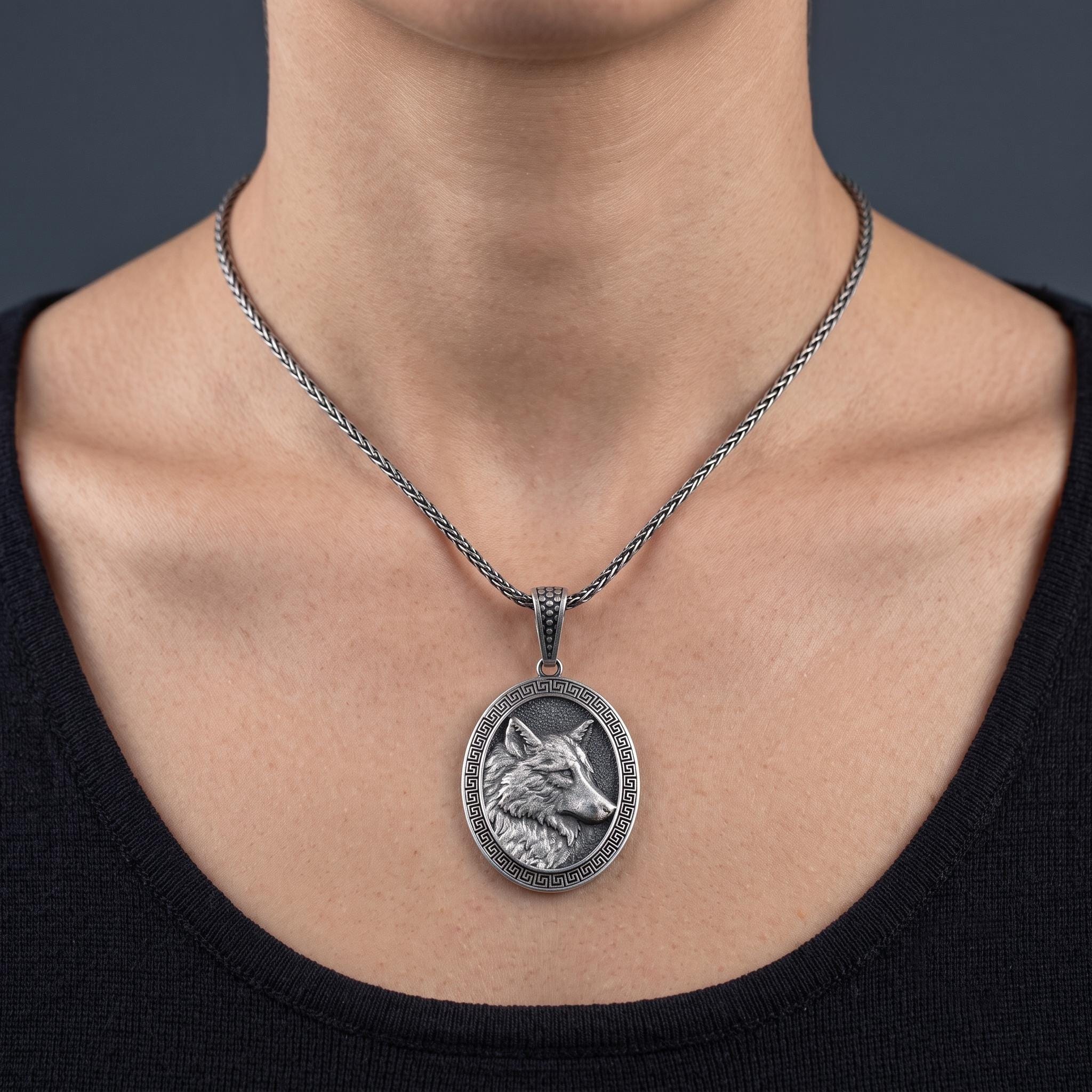Handmade Sterling Silver Wolf Pendant Necklace, Oxidized Viking Talisman, Men's Animal Jewelry