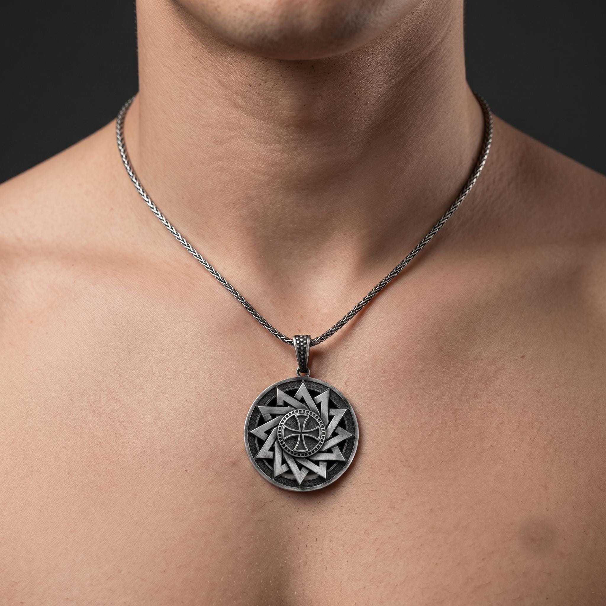 Mens Slavic Sun Wheel Pendant, Viking Amulet Necklace, Gothic Round Silver Pendant, Norse Mythology Jewelry, Men's Talisman Gift