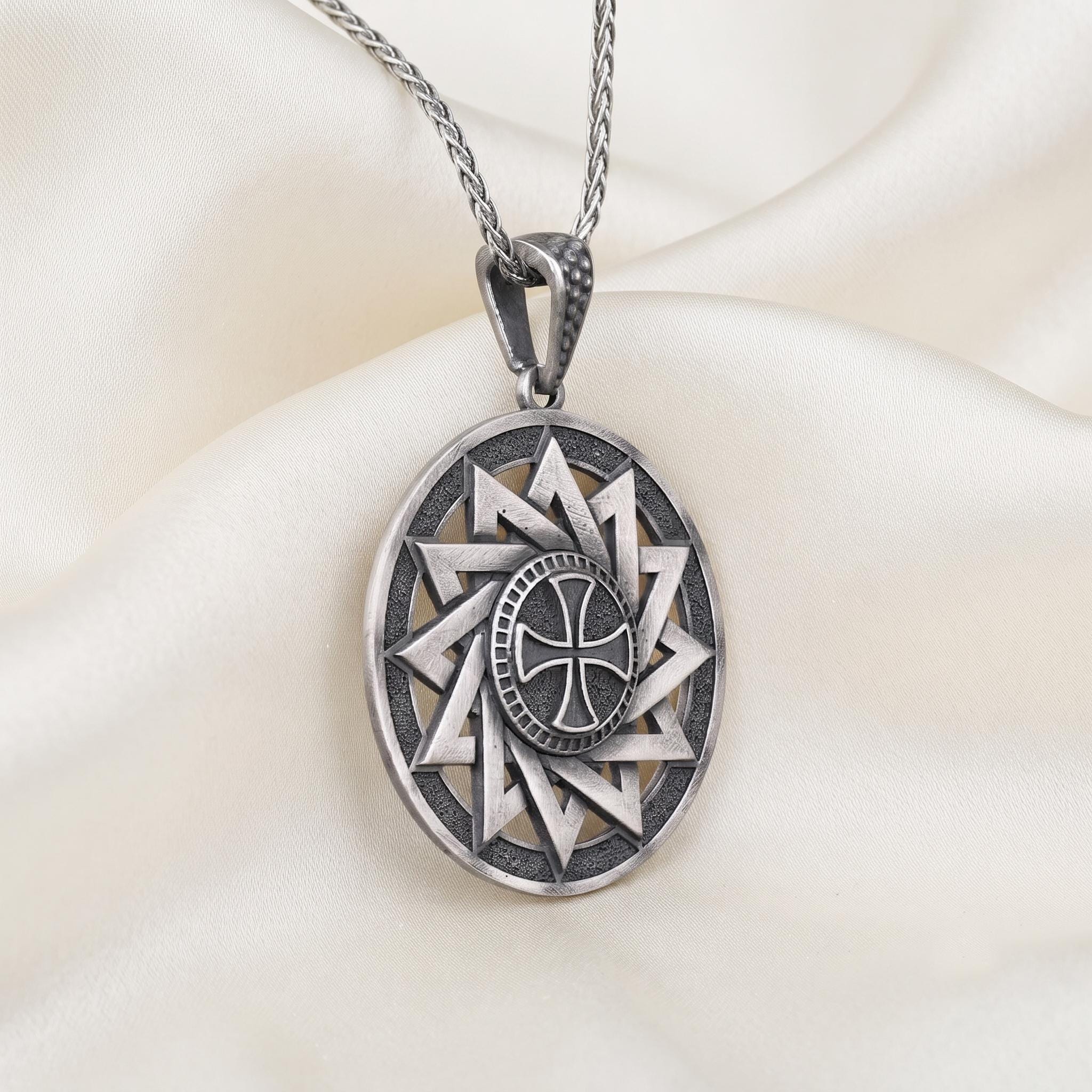 Mens Slavic Sun Wheel Pendant, Viking Amulet Necklace, Gothic Round Silver Pendant, Norse Mythology Jewelry, Men's Talisman Gift
