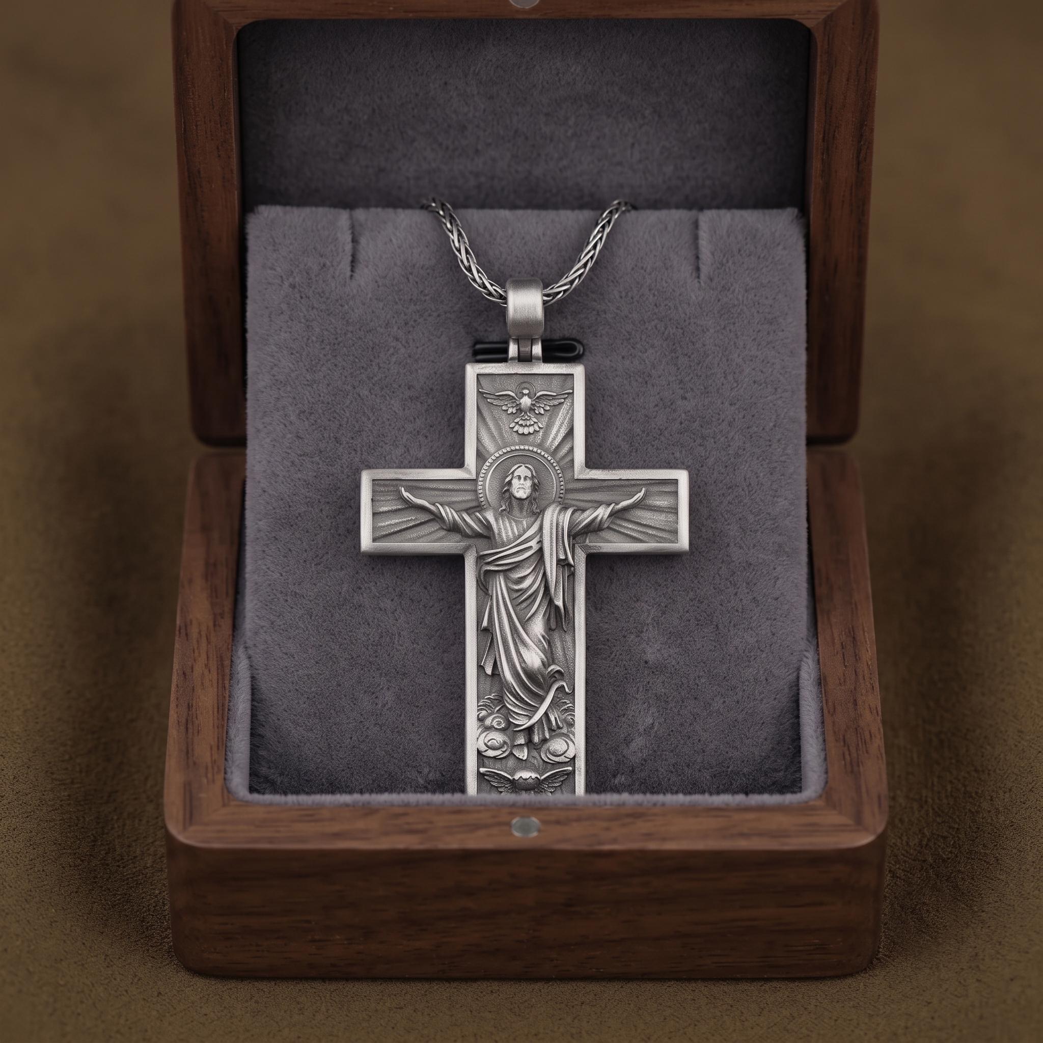 Sterling Silver Jesus Christ Cross Pendant Necklace, Oxidized Religious Jewelry
