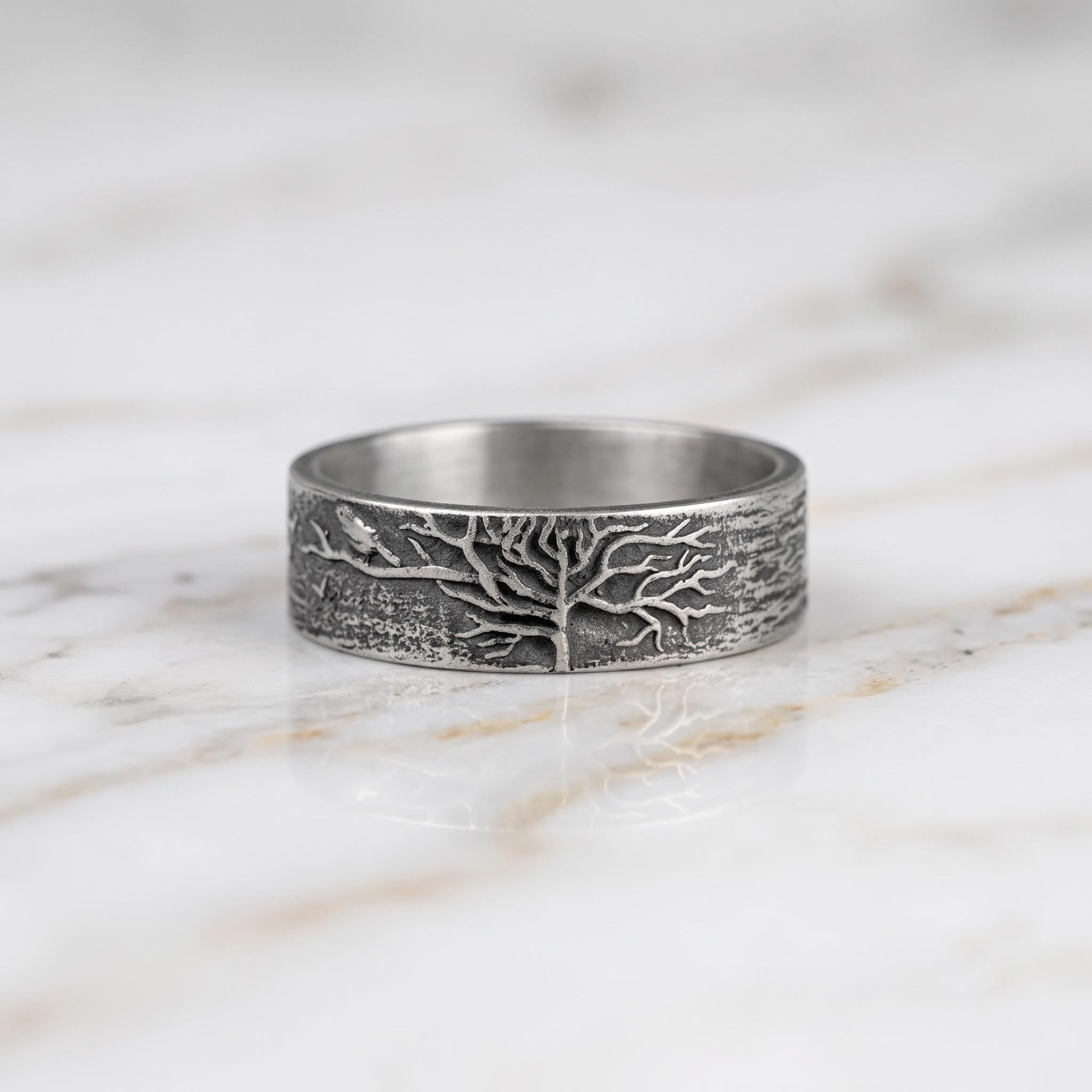 Handmade Sterling Silver Tree of Life Ring, Oxidized Nature Band, Rustic Wedding Band