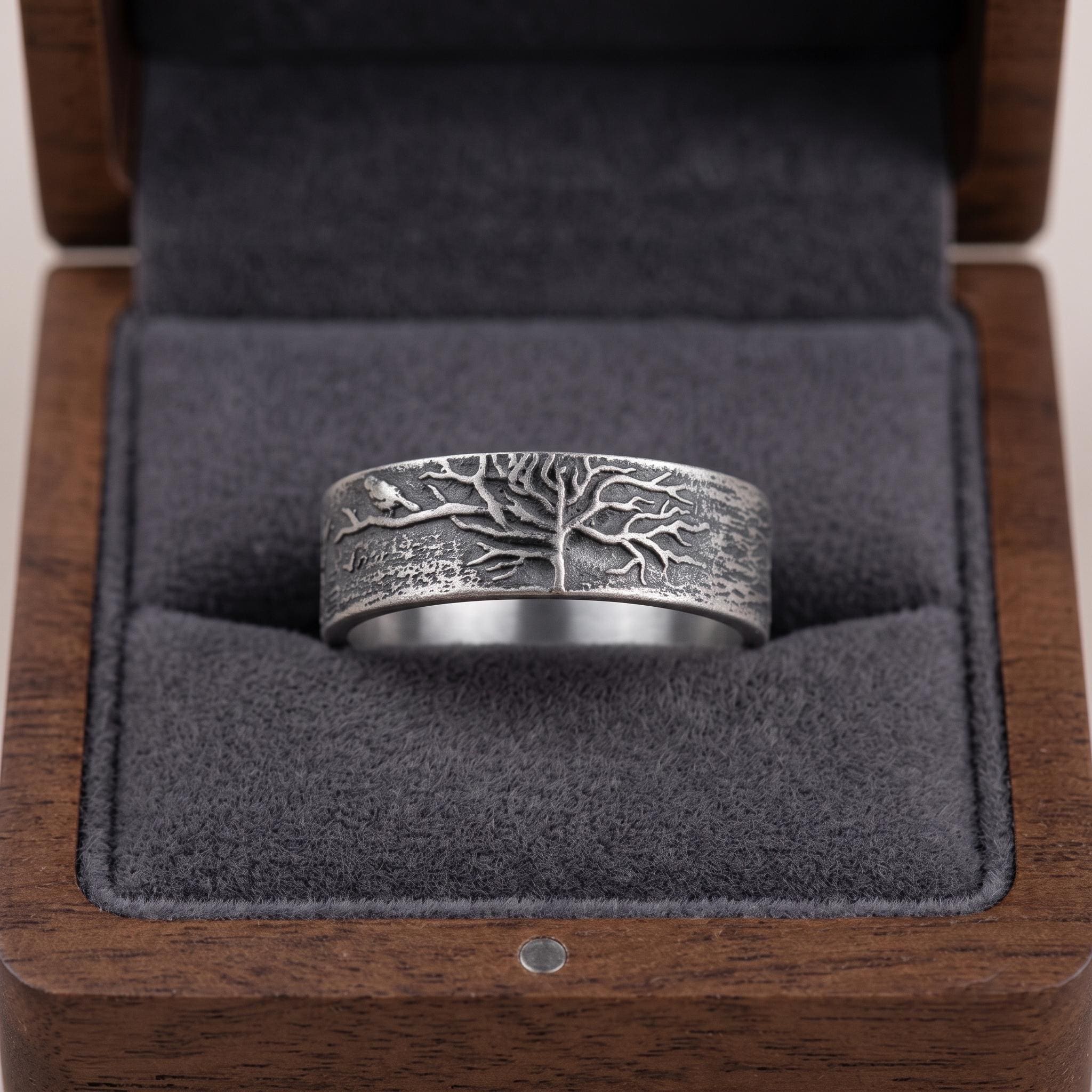 Handmade Sterling Silver Tree of Life Ring, Oxidized Nature Band, Rustic Wedding Band