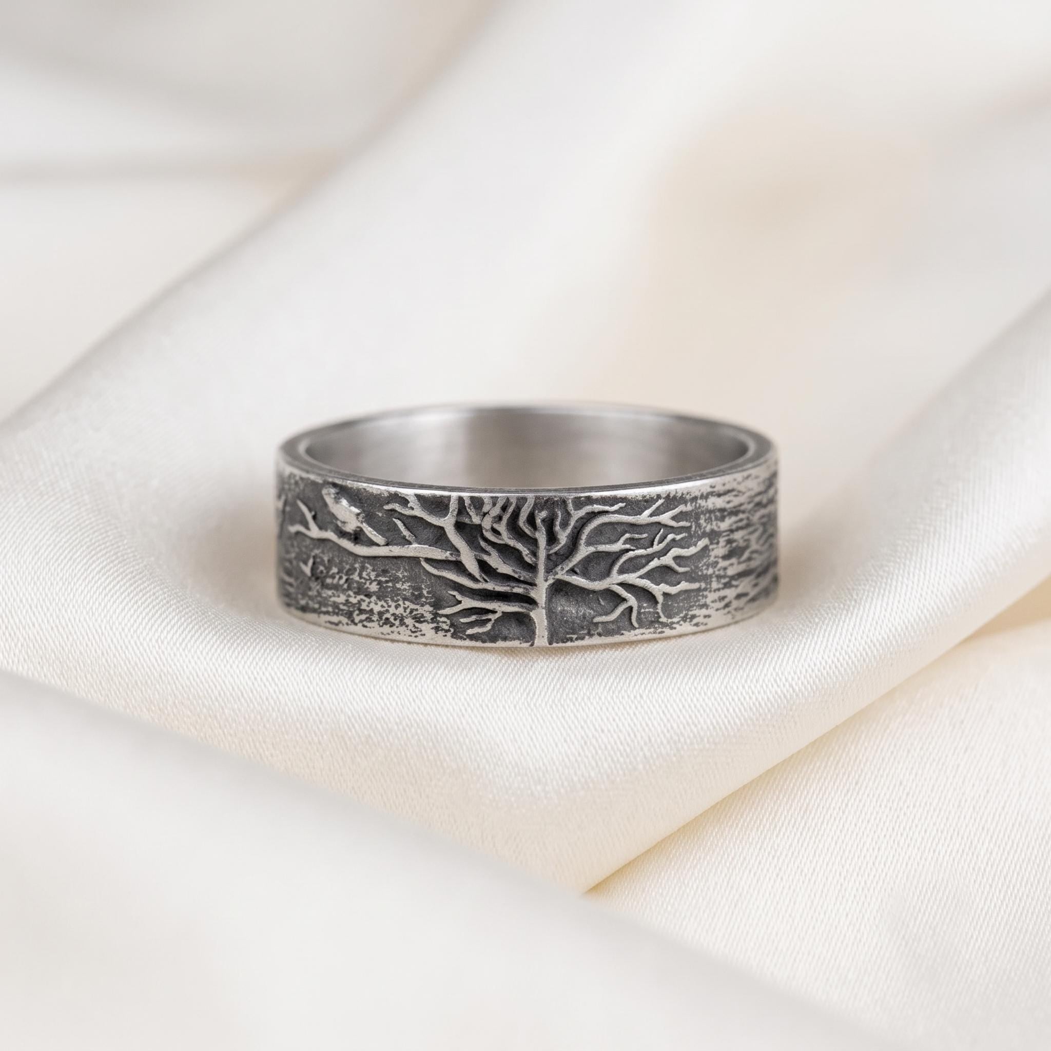 Handmade Sterling Silver Tree of Life Ring, Oxidized Nature Band, Rustic Wedding Band