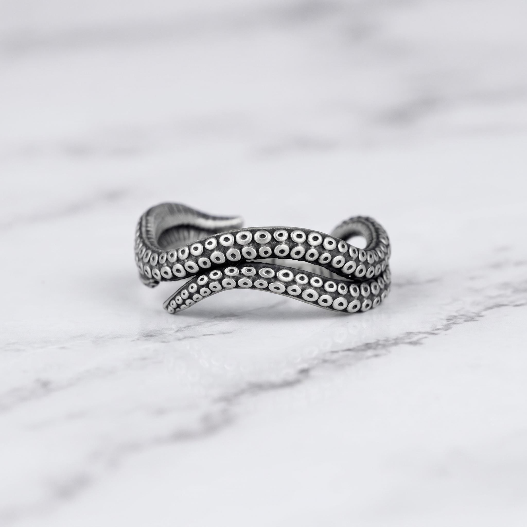 Handmade Sterling Silver Octopus Tentacle Ring, Gothic Kraken Jewelry, Adjustable Wrap Band
