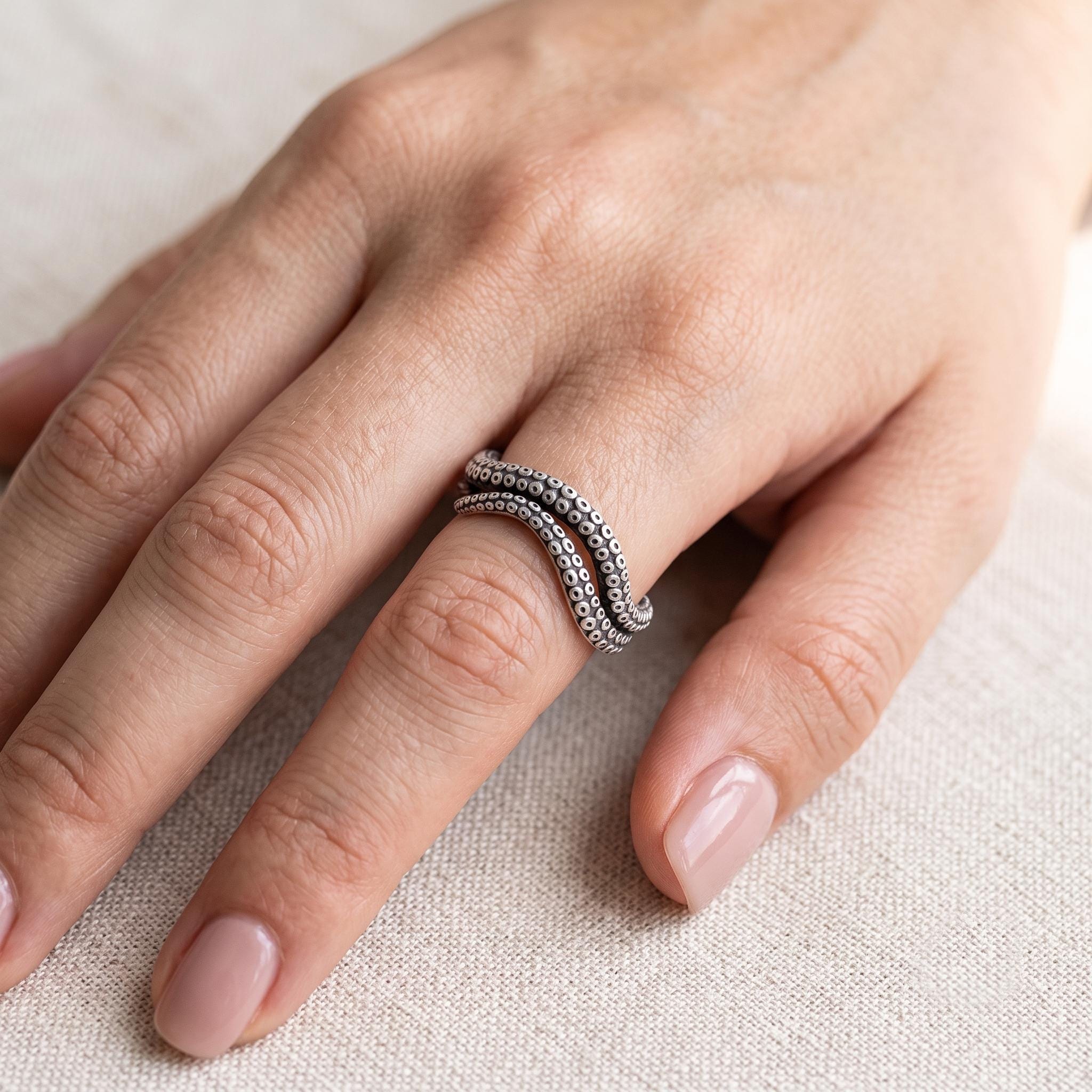 Handmade Sterling Silver Octopus Tentacle Ring, Gothic Kraken Jewelry, Adjustable Wrap Band