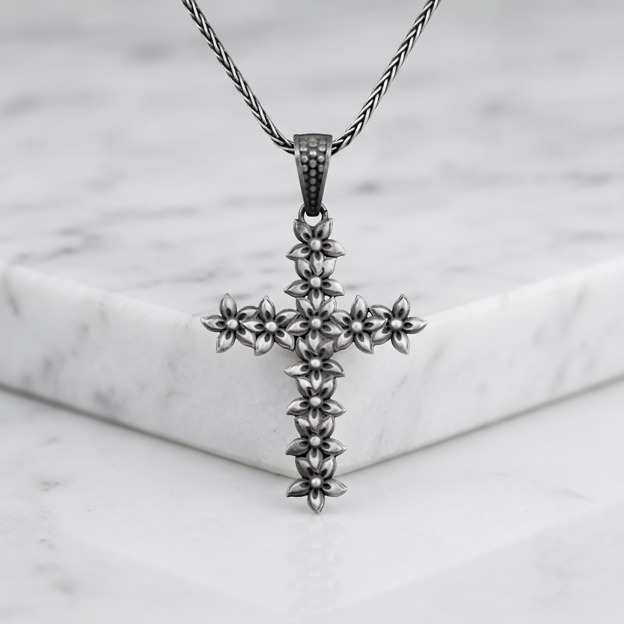 Sterling Silver Floral Cross Pendant, Oxidized Crucifix Necklace, Religious Jewelry
