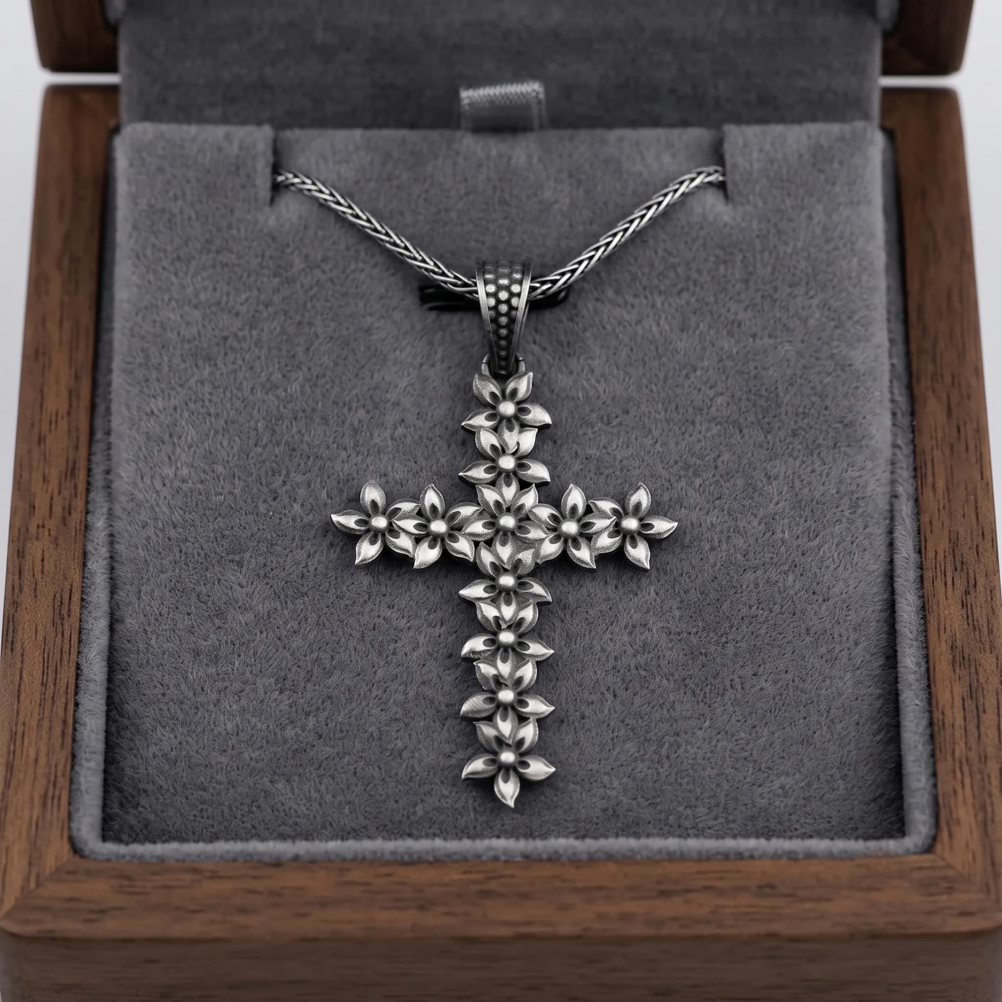 Sterling Silver Floral Cross Pendant, Oxidized Crucifix Necklace, Religious Jewelry