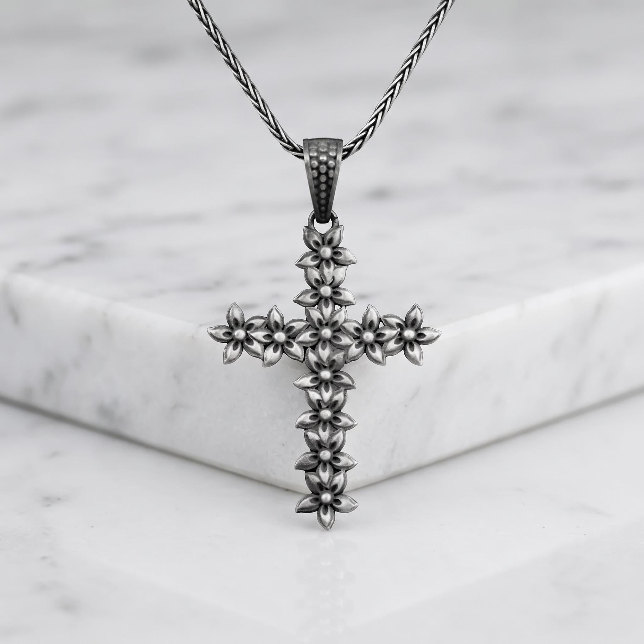 Sterling Silver Floral Cross Pendant, Oxidized Crucifix Necklace, Religious Jewelry