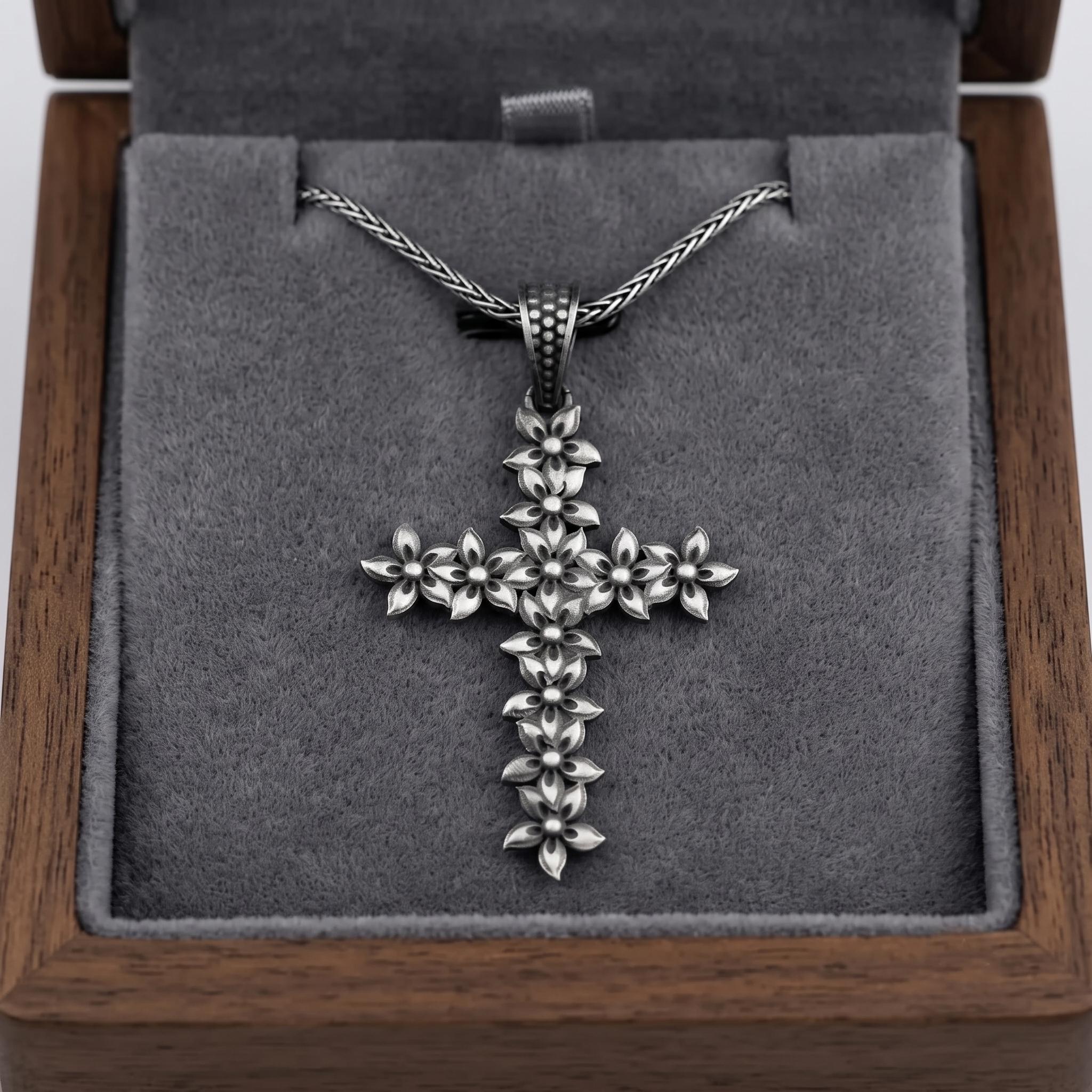 Sterling Silver Floral Cross Pendant, Oxidized Crucifix Necklace, Religious Jewelry