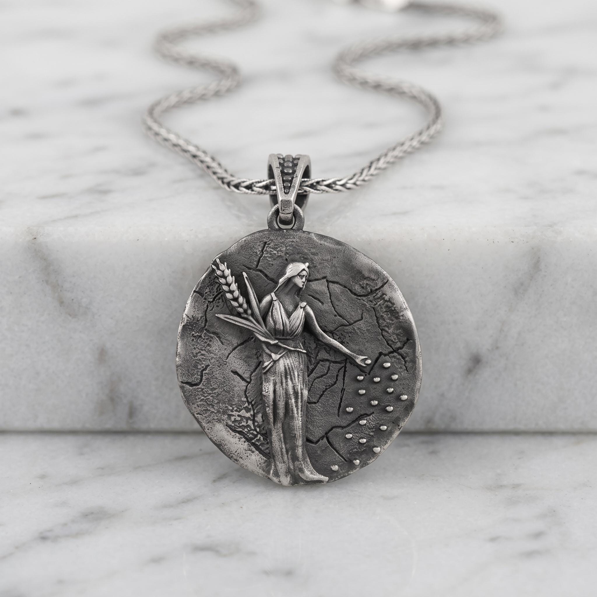 Handmade Demeter Goddess Pendant, Oxidized Sterling Silver Coin Necklace, Greek Mythology Harvest Jewelry