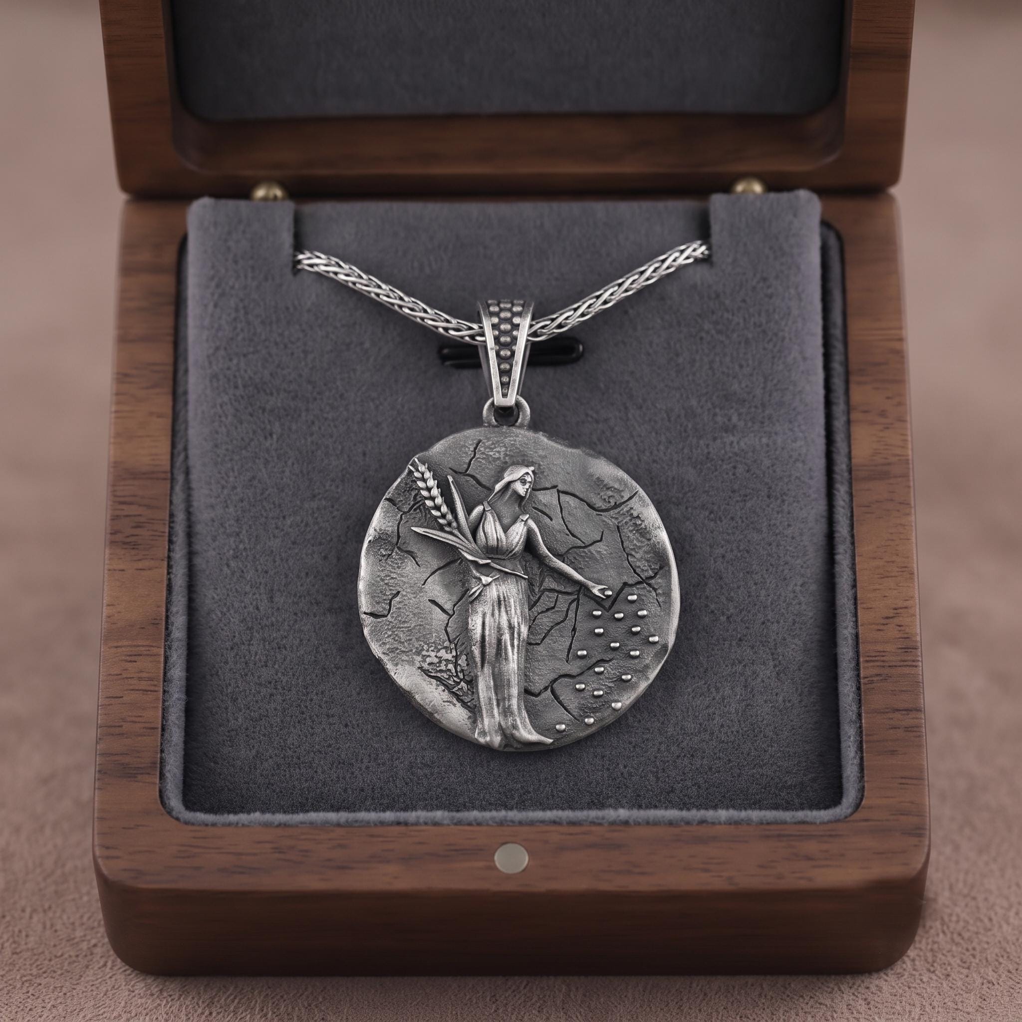 Handmade Demeter Goddess Pendant, Oxidized Sterling Silver Coin Necklace, Greek Mythology Harvest Jewelry