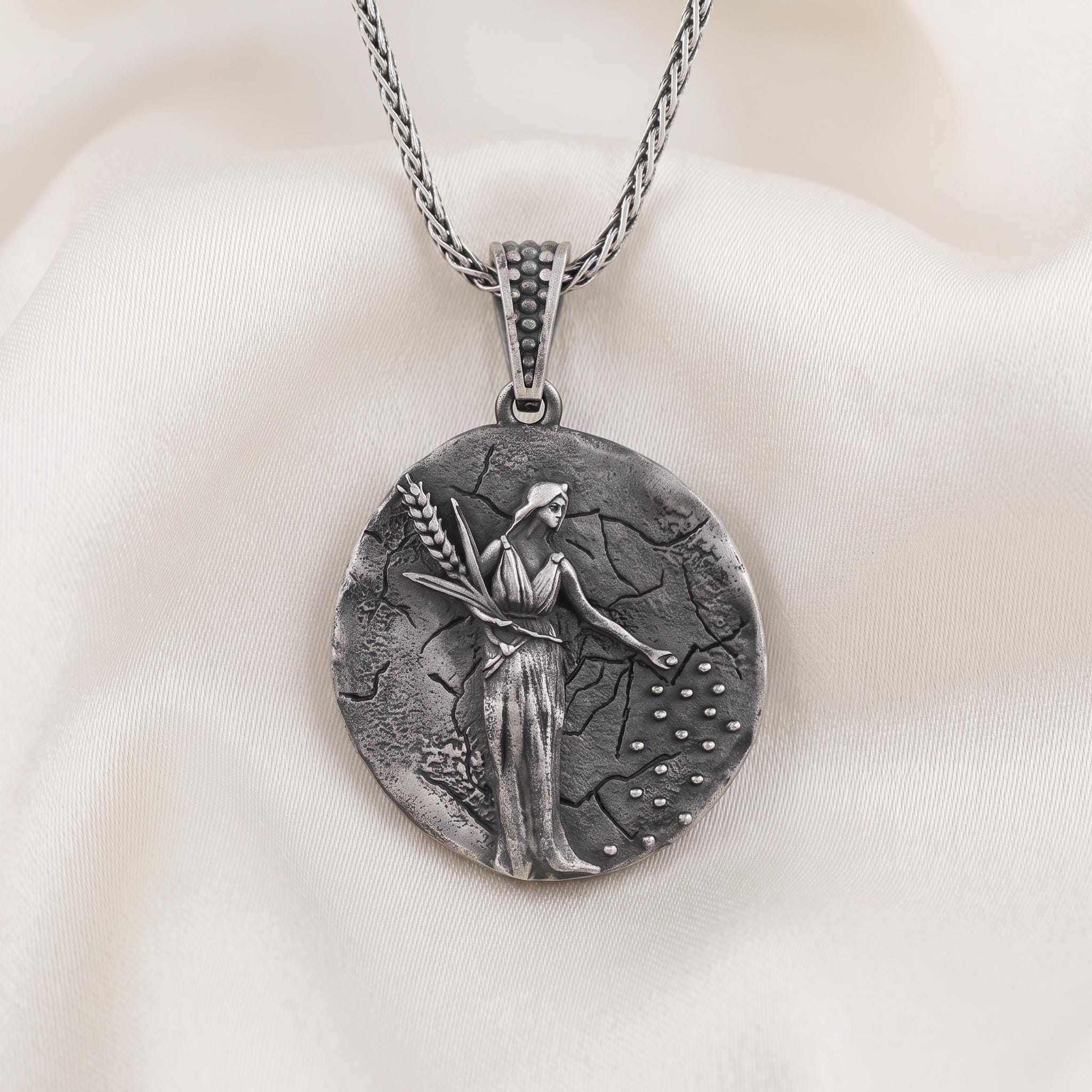 Handmade Demeter Goddess Pendant, Oxidized Sterling Silver Coin Necklace, Greek Mythology Harvest Jewelry