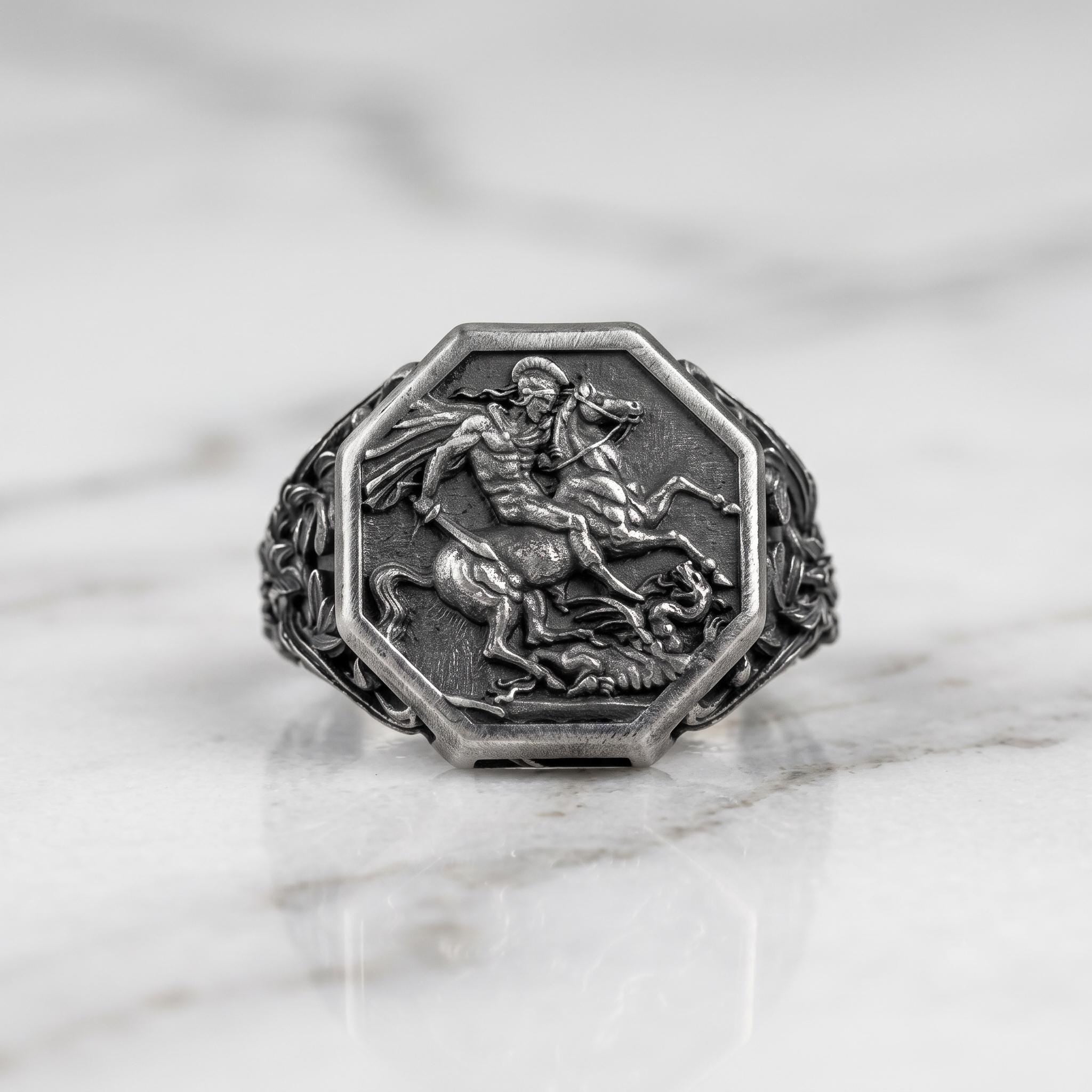 Vintage Sterling Silver Saint George Signet Ring, Oxidized Warrior Design, Gothic Statement Piece