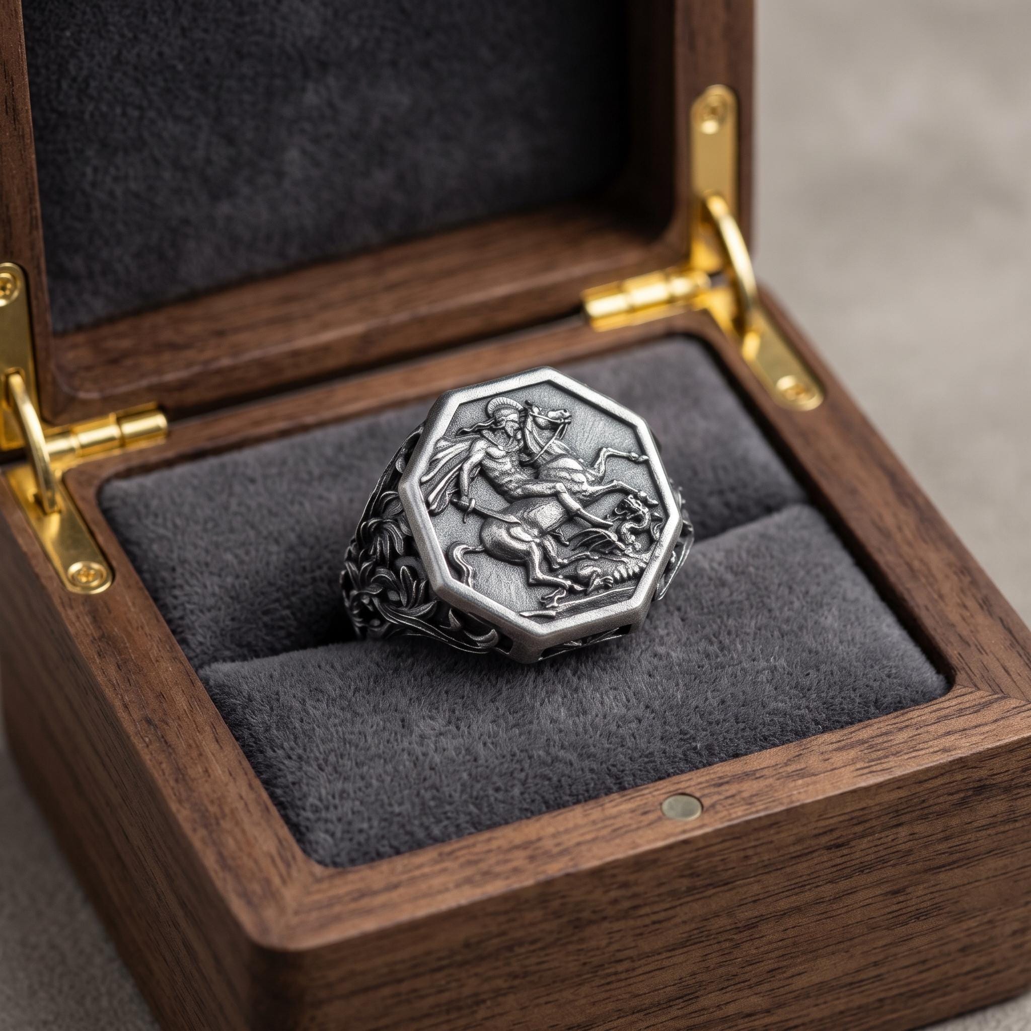 Vintage Sterling Silver Saint George Signet Ring, Oxidized Warrior Design, Gothic Statement Piece