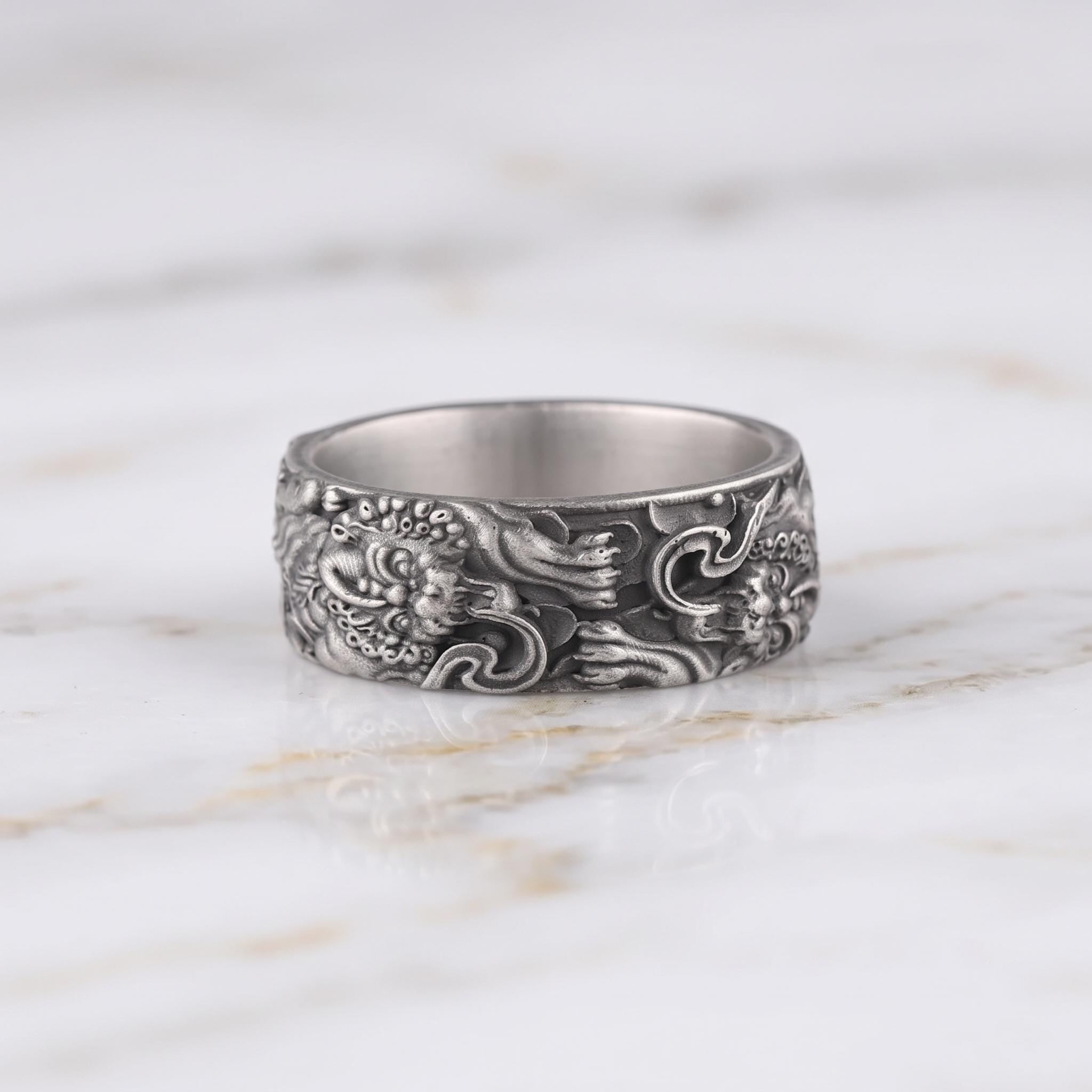 Handmade Sterling Silver Dragon Band Ring, Oxidized Gothic Jewelry