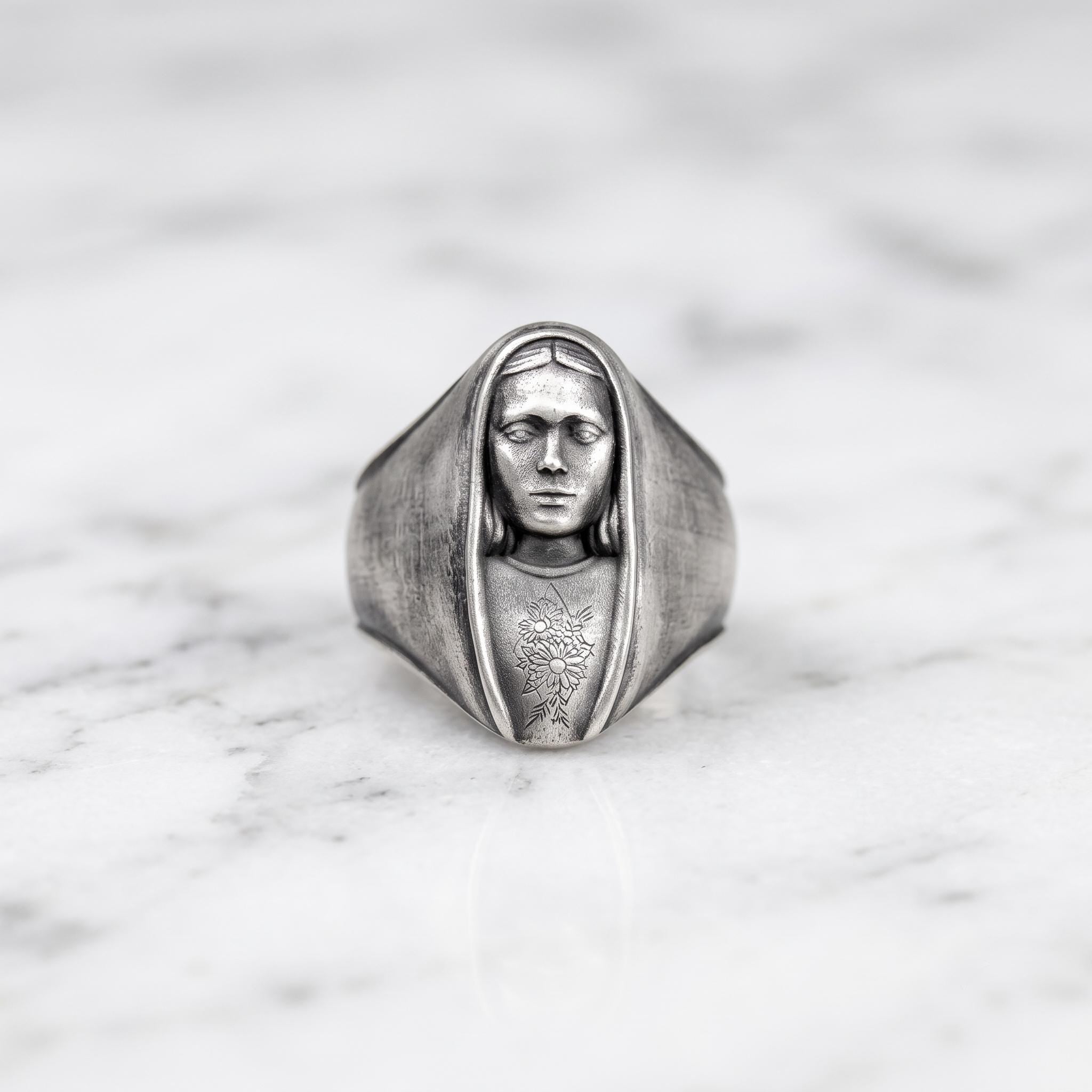 Handmade Sterling Silver Virgin Mary Signet Ring, Oxidized Gothic Religious Jewelry