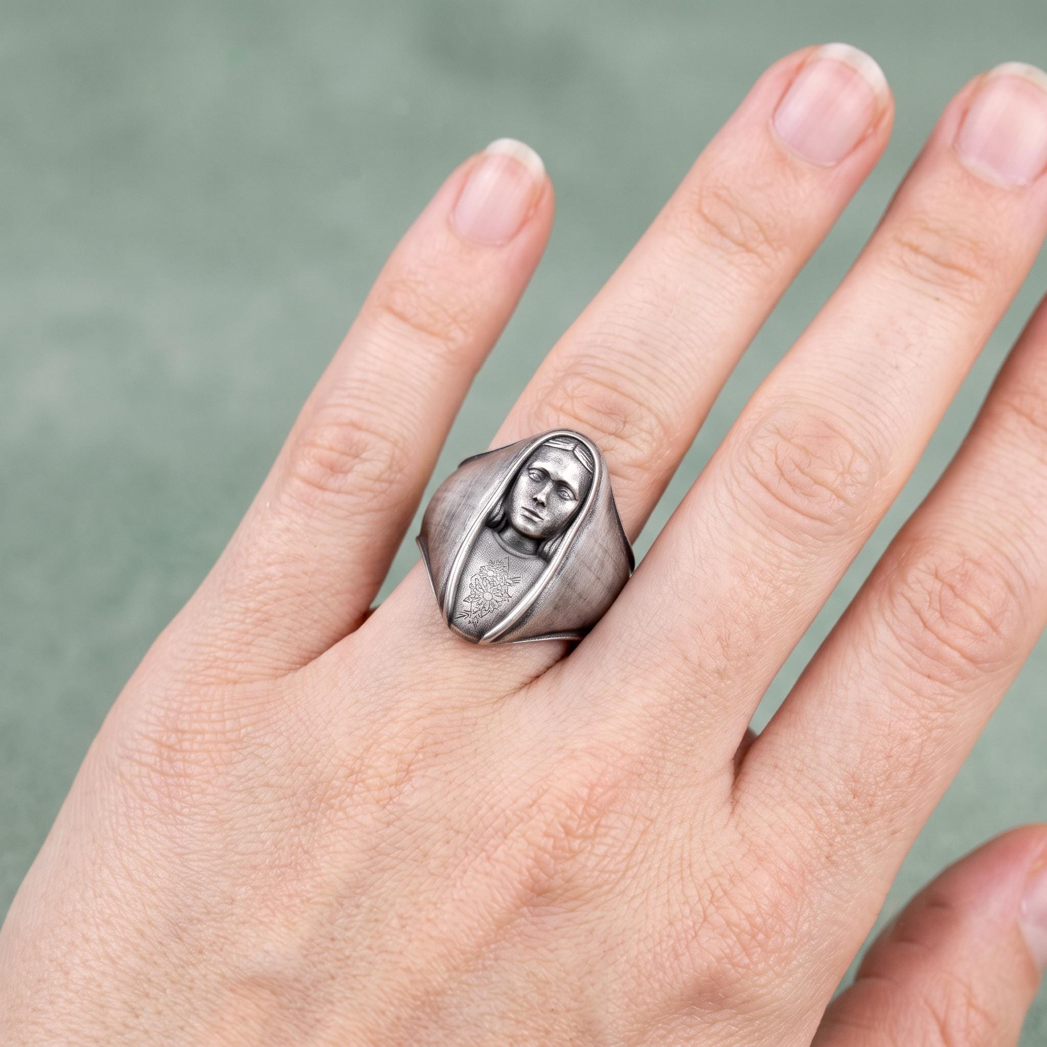 Handmade Sterling Silver Virgin Mary Signet Ring, Oxidized Gothic Religious Jewelry