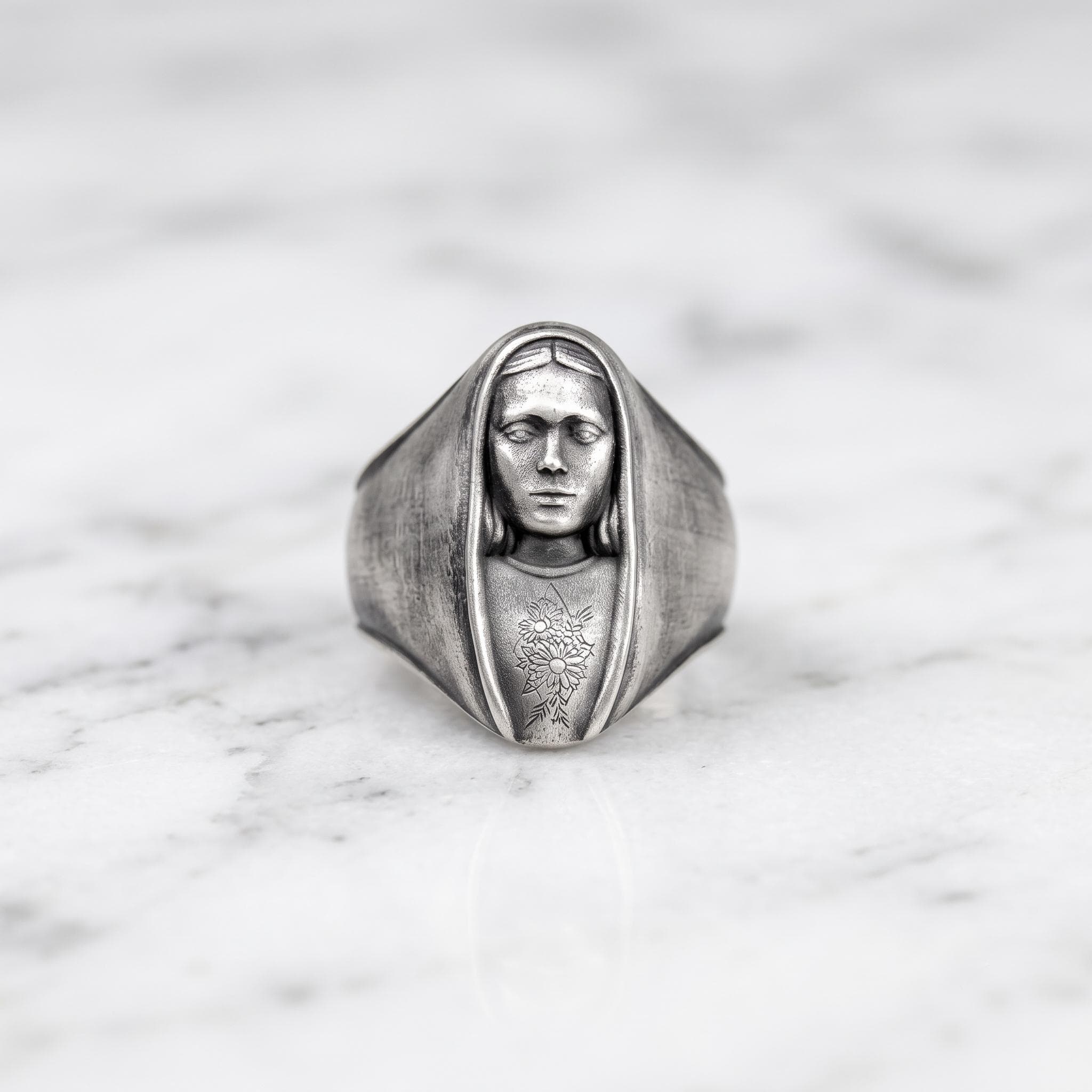 Handmade Sterling Silver Virgin Mary Signet Ring, Oxidized Gothic Religious Jewelry