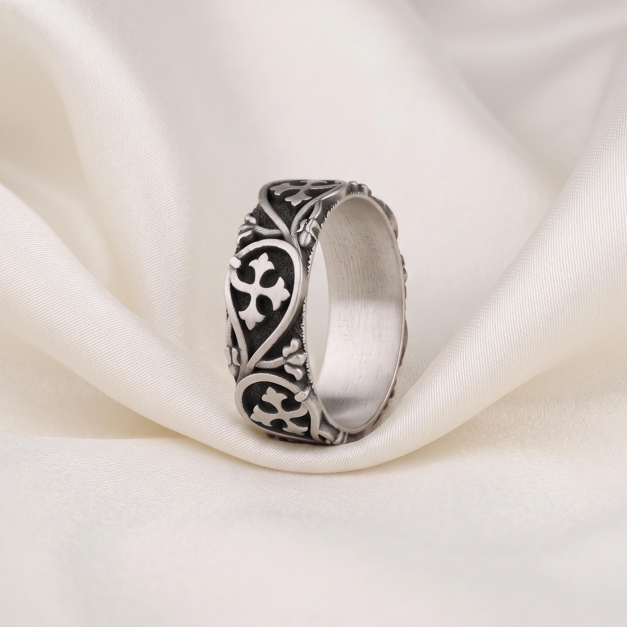 Handmade Gothic Cross Band Ring, Sterling Silver Filigree, Medieval Floral Design
