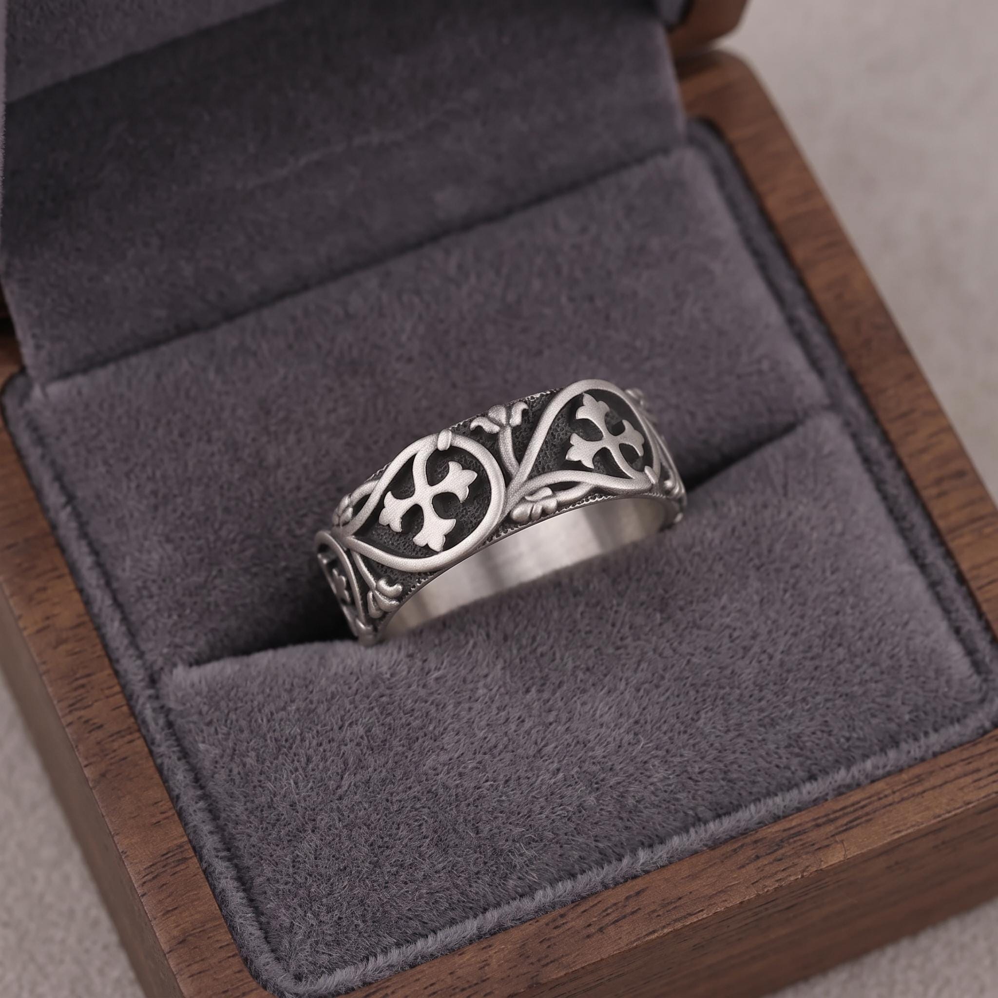 Handmade Gothic Cross Band Ring, Sterling Silver Filigree, Medieval Floral Design