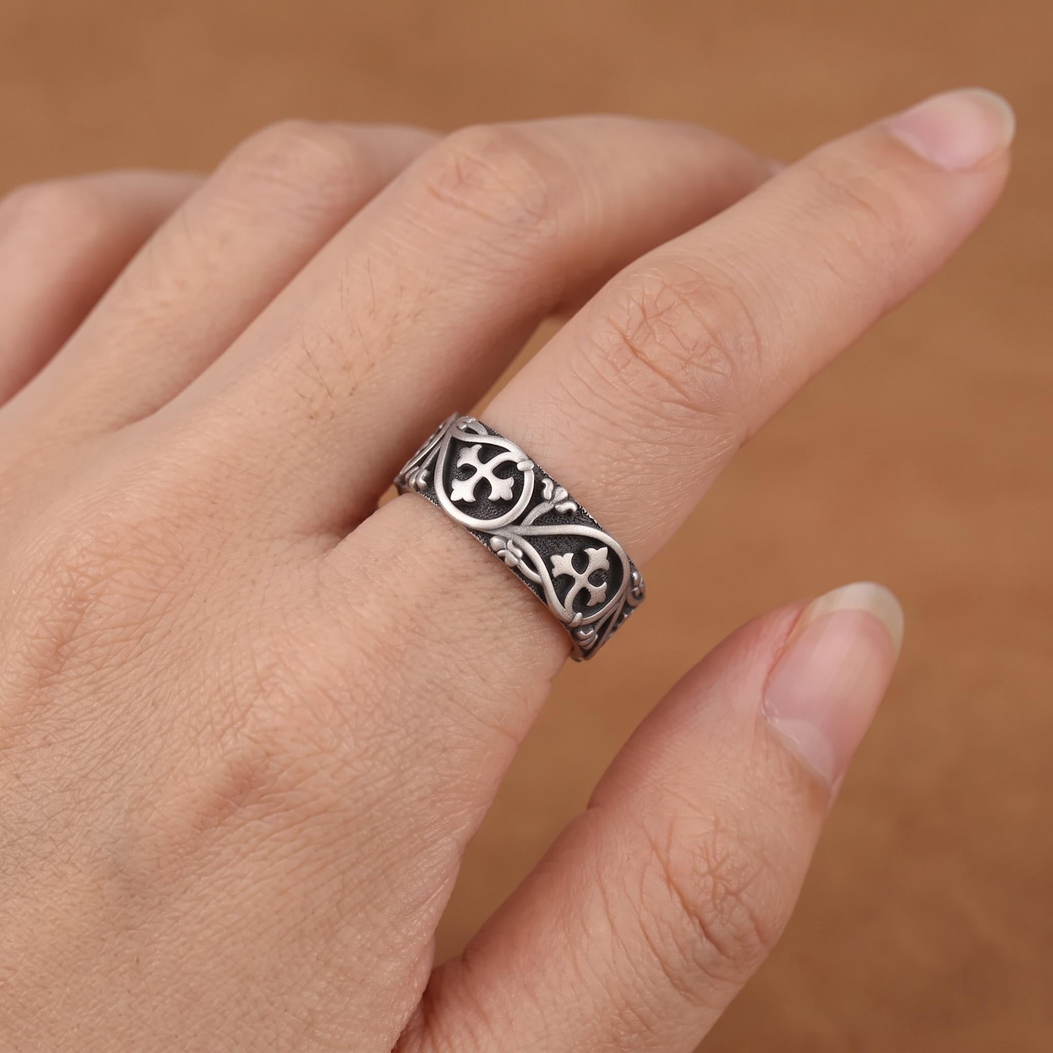 Handmade Gothic Cross Band Ring, Sterling Silver Filigree, Medieval Floral Design