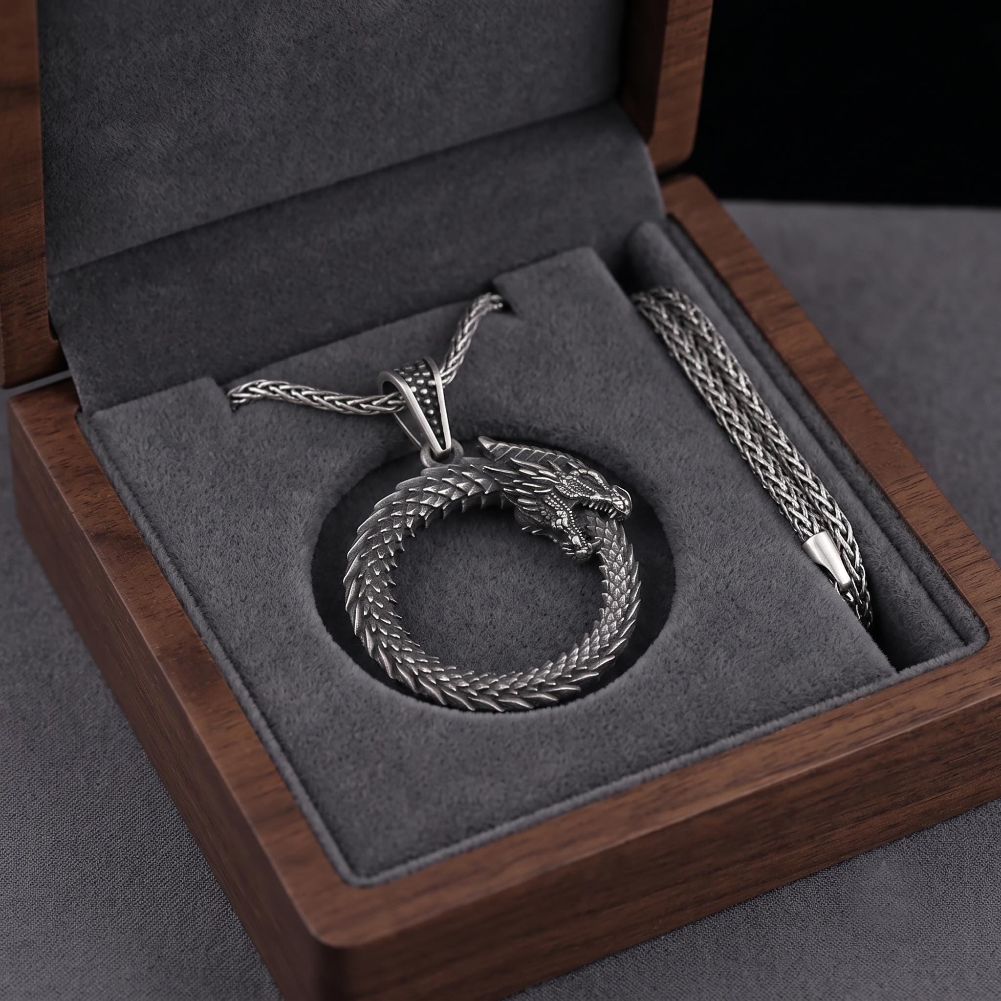 Sterling Silver Ouroboros Dragon Pendant, Gothic Viking Jewelry, Oxidized Finish