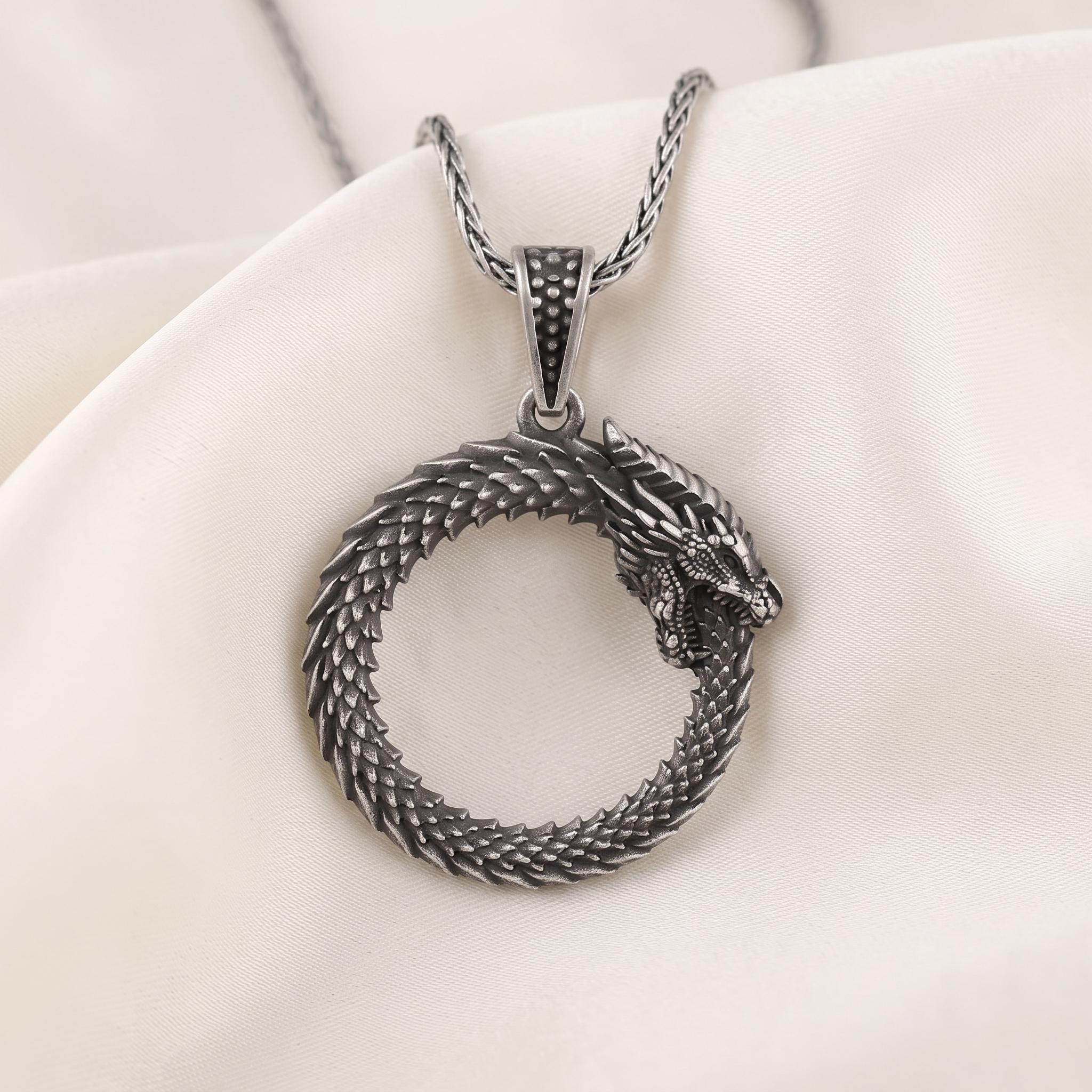 Sterling Silver Ouroboros Dragon Pendant, Gothic Viking Jewelry, Oxidized Finish