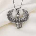Sterling Silver Winged Bastet Cat Pendant, Oxidized Egyptian Goddess Jewelry