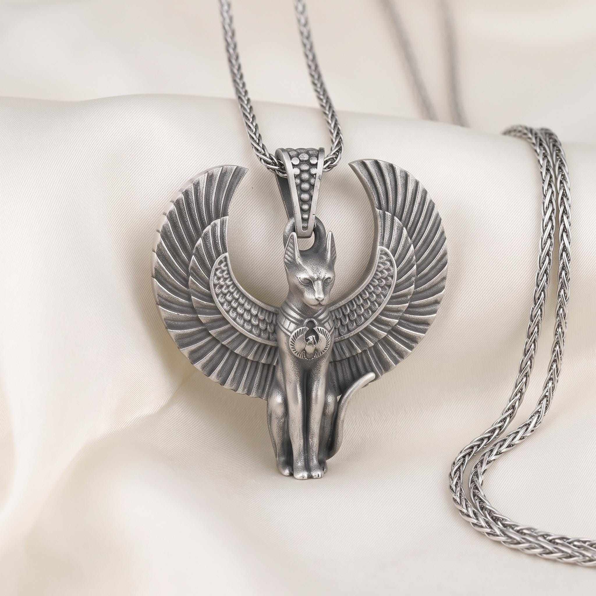 Sterling Silver Winged Bastet Cat Pendant, Oxidized Egyptian Goddess Jewelry